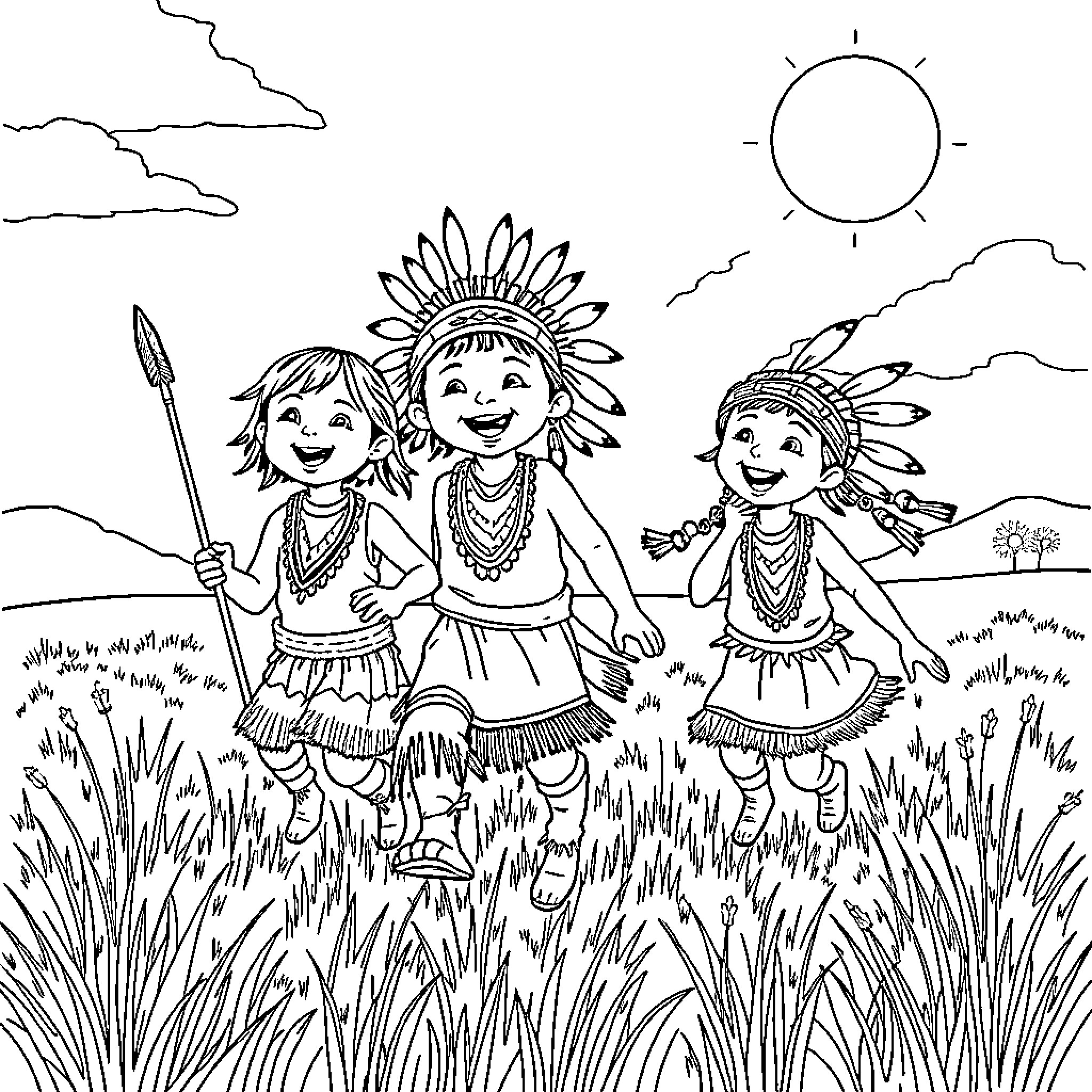 Children playing happily in tribal attire Coloring Page (free black-and-white line drawing printable PDF for all, from beginners to advanced learners, including children, teens, adults, and seniors)