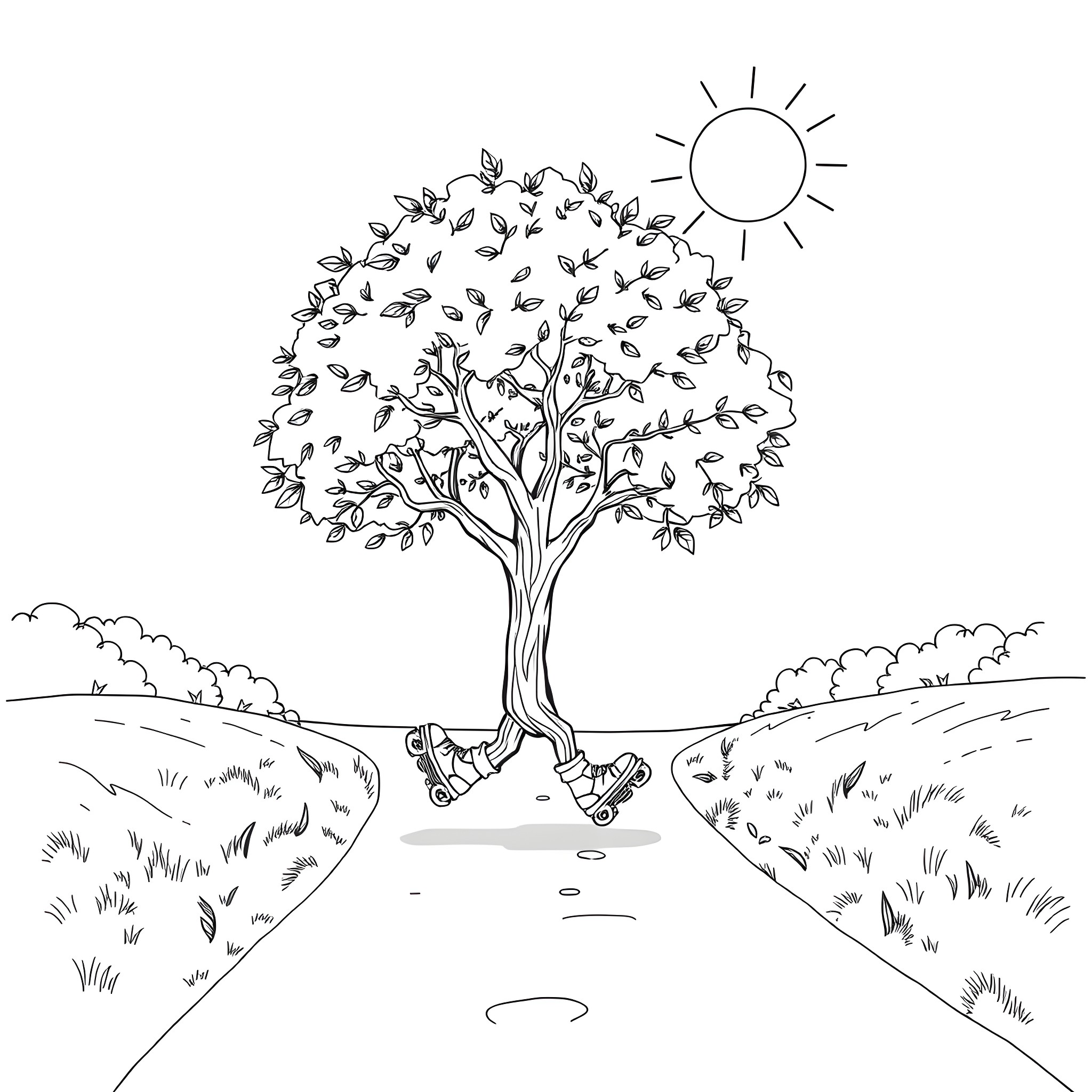 Tree blowing in the wind with roller skates Coloring Page (free black-and-white line drawing printable PDF for all, from beginners to advanced learners, including children, teens, adults, and seniors)