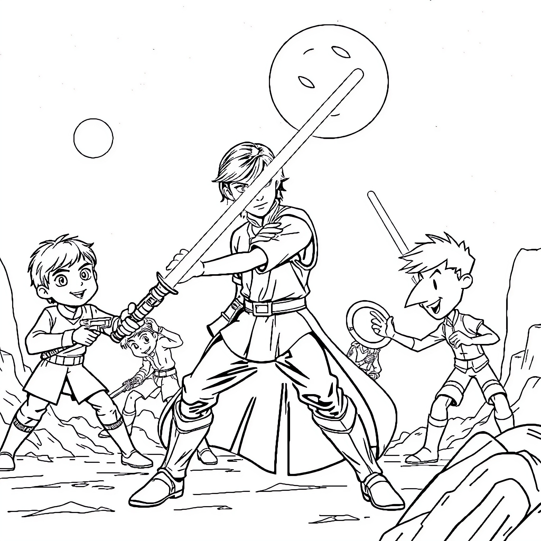 Luke Skywalker leading a heroic battle with companions Coloring Page (free black-and-white line drawing printable PDF for all, from beginners to advanced learners, including children, teens, adults, and seniors)