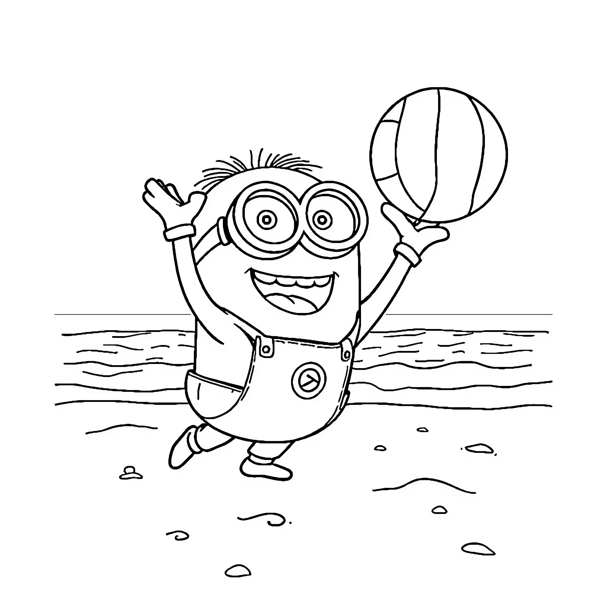 Minion playing joyfully on the beach Coloring Page (free black-and-white line drawing printable PDF for all, from beginners to advanced learners, including children, teens, adults, and seniors)