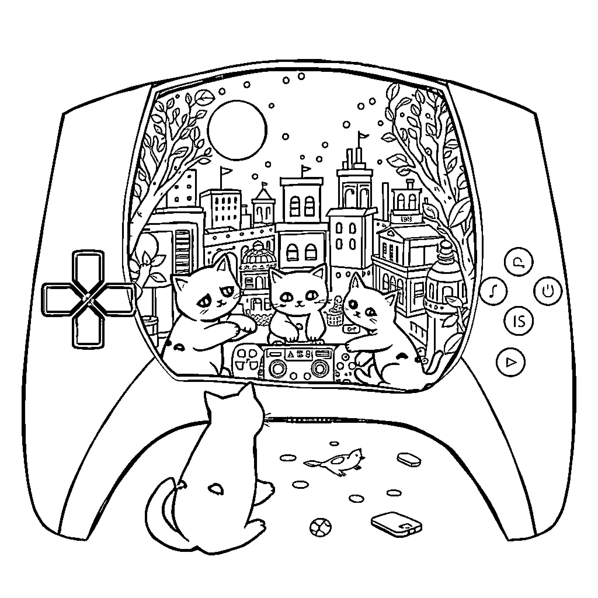 Cat gaming in the city landscape Coloring Page (free black-and-white line drawing printable PDF for all, from beginners to advanced learners, including children, teens, adults, and seniors)