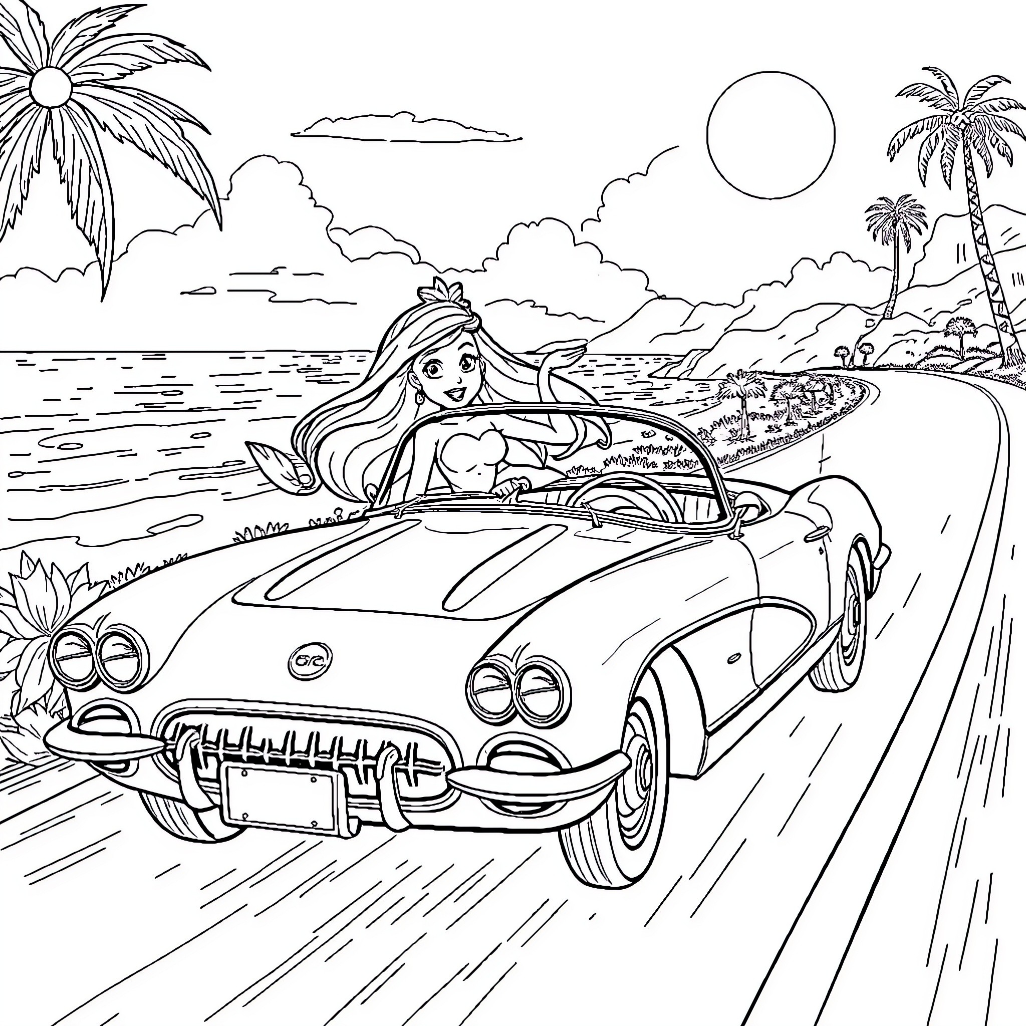 Mermaid enjoying a beach drive in a convertible Coloring Page (free black-and-white line drawing printable PDF for all, from beginners to advanced learners, including children, teens, adults, and seniors)
