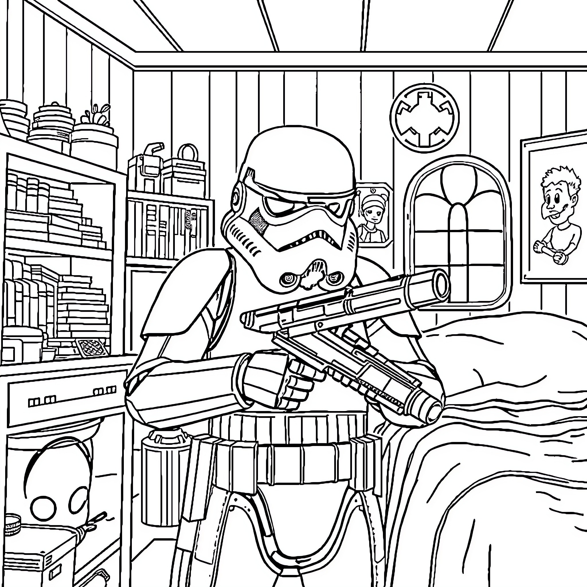 Stormtrooper on patrol in a cluttered room Coloring Page (free black-and-white line drawing printable PDF for all, from beginners to advanced learners, including children, teens, adults, and seniors)