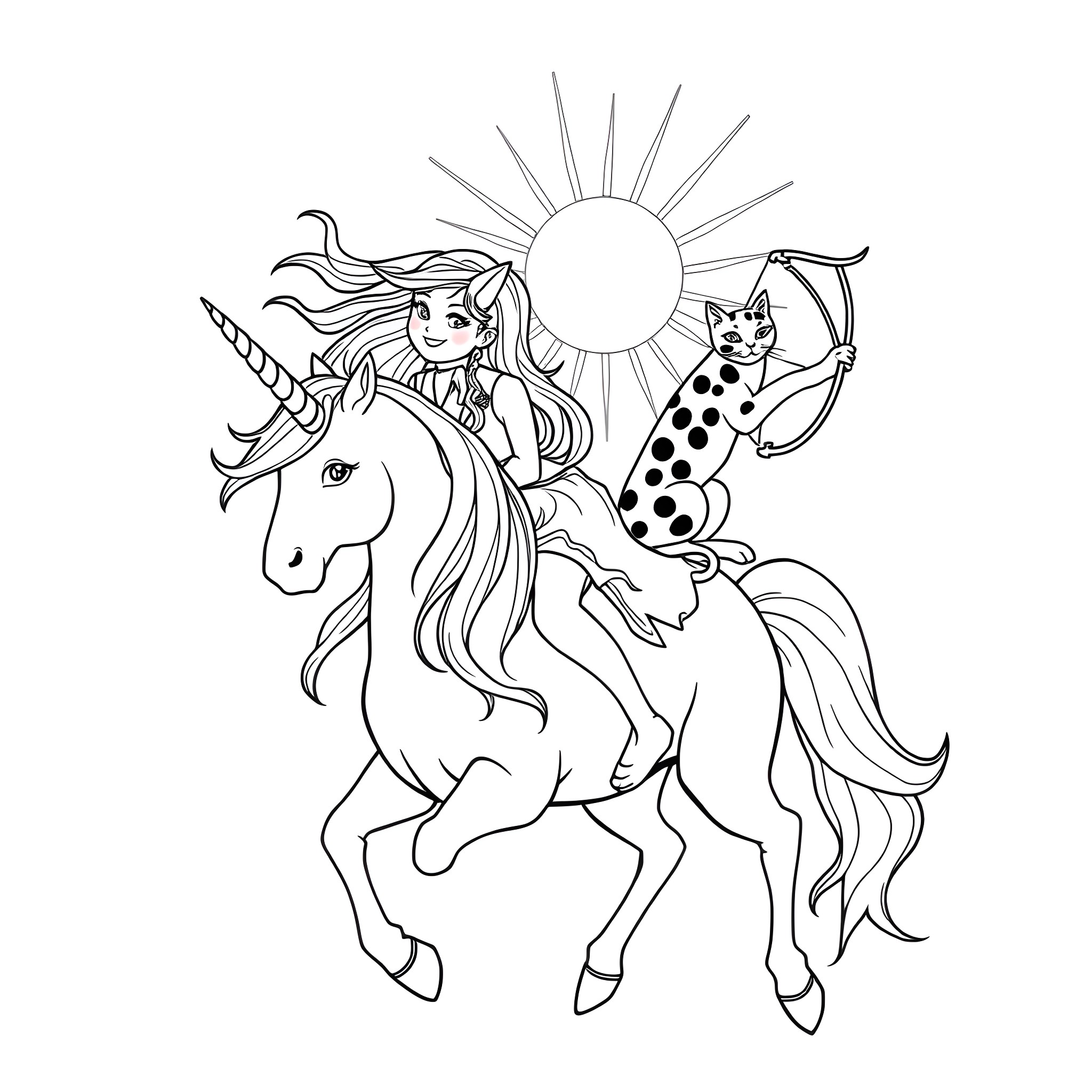 Girl riding a unicorn with a cat companion Coloring Page (free black-and-white line drawing printable PDF for all, from beginners to advanced learners, including children, teens, adults, and seniors)