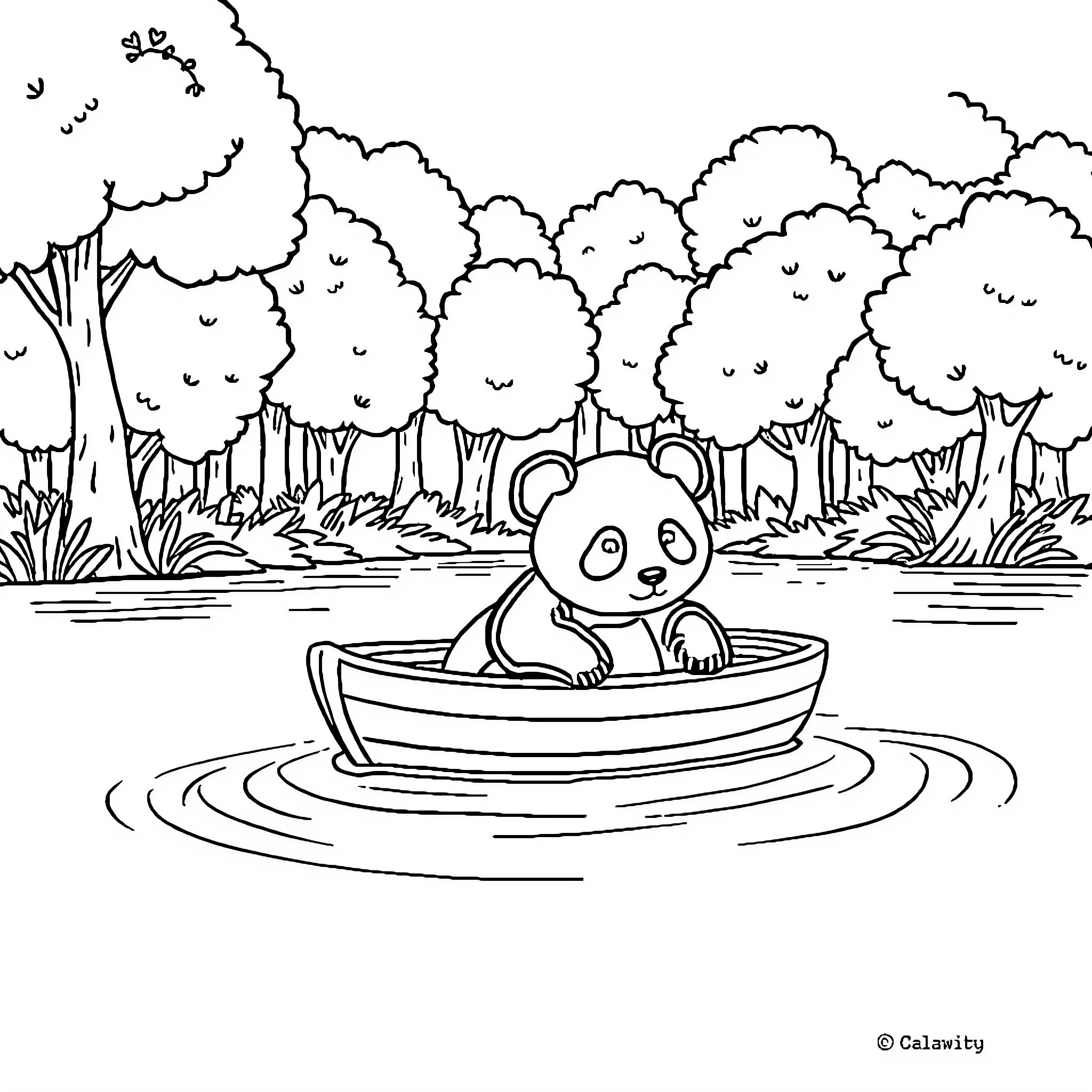 Panda relaxing in a boat on the lake Coloring Page (free black-and-white line drawing printable PDF for all, from beginners to advanced learners, including children, teens, adults, and seniors)