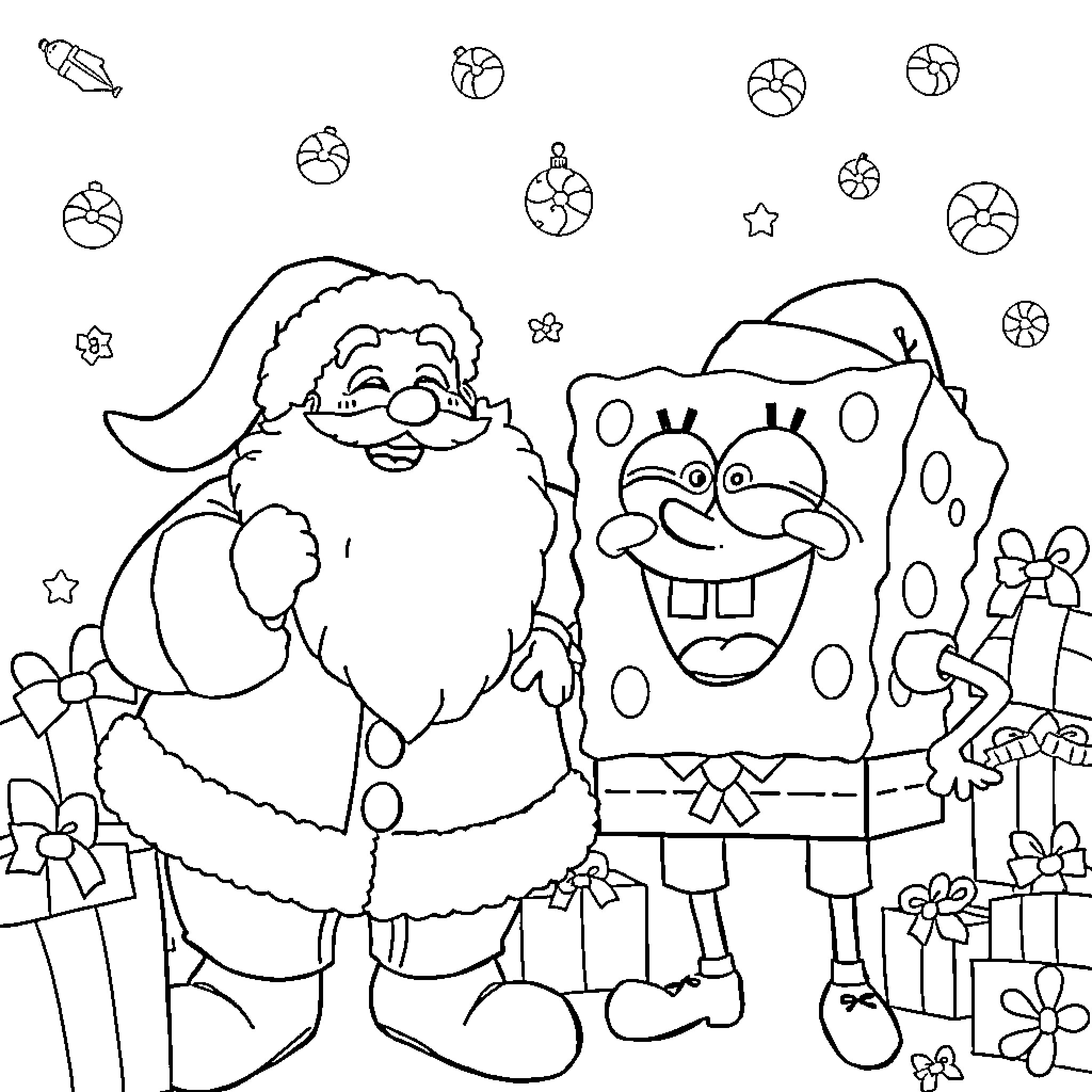 Santa and friends celebrating joyfully Coloring Page (free black-and-white line drawing printable PDF for all, from beginners to advanced learners, including children, teens, adults, and seniors)