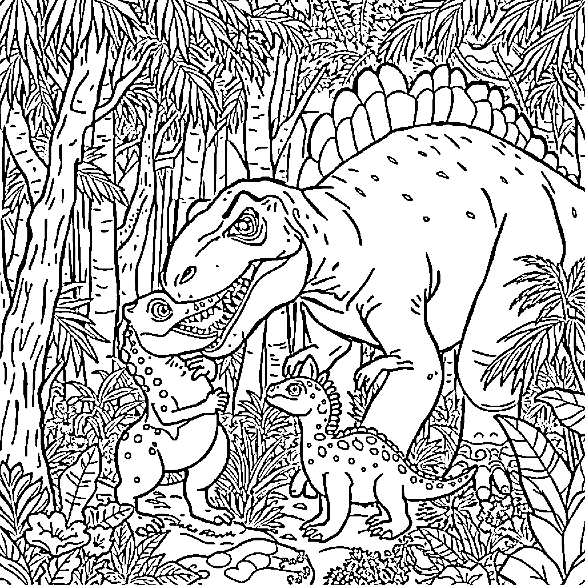 Tiranosaurus Dinosaurs in Lush Prehistoric Landscape Coloring Page (free black-and-white line drawing printable PDF for all, from beginners to advanced learners, including children, teens, adults, and seniors)