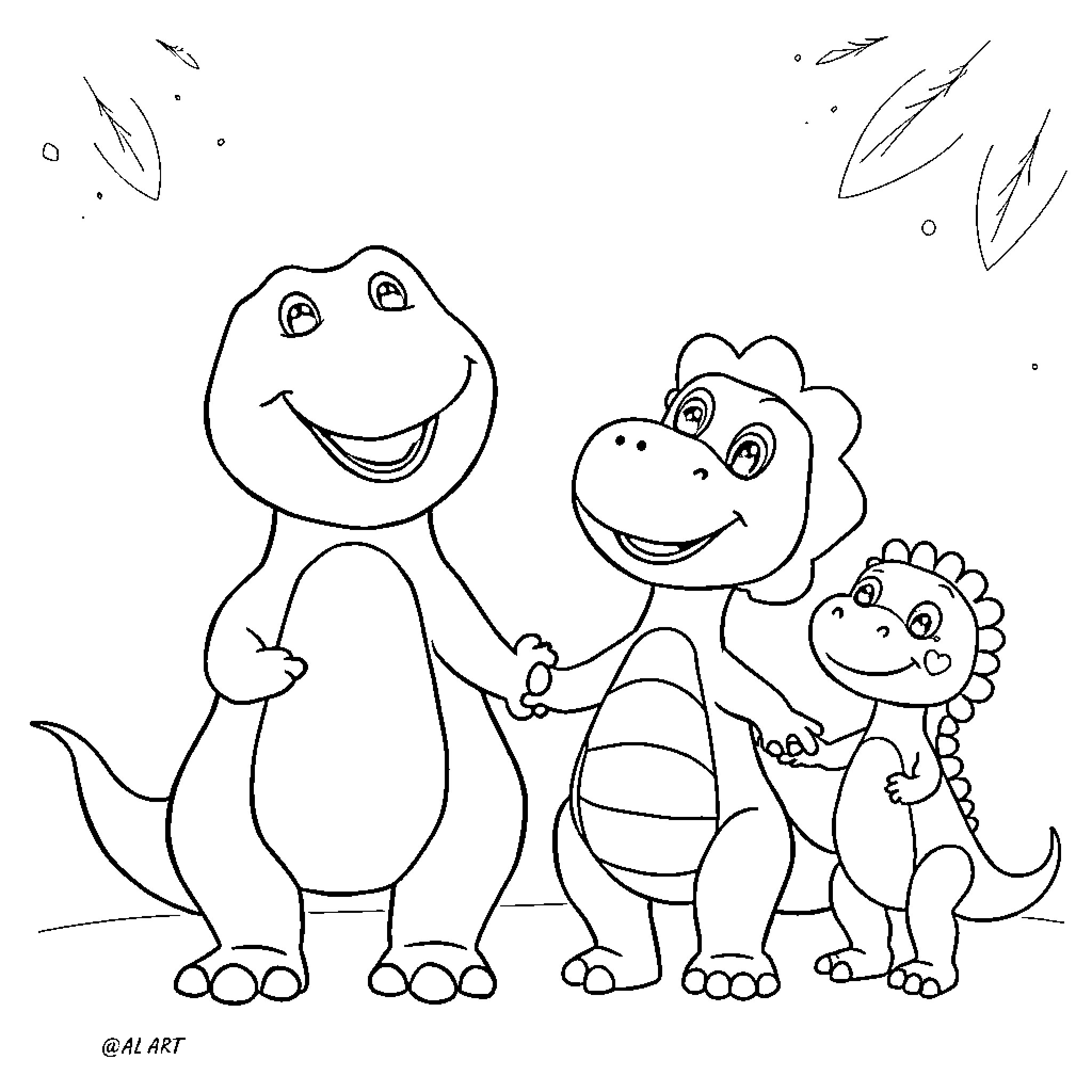 Barney and friends in a happy outdoor scene Coloring Page (free black-and-white line drawing printable PDF for all, from beginners to advanced learners, including children, teens, adults, and seniors)