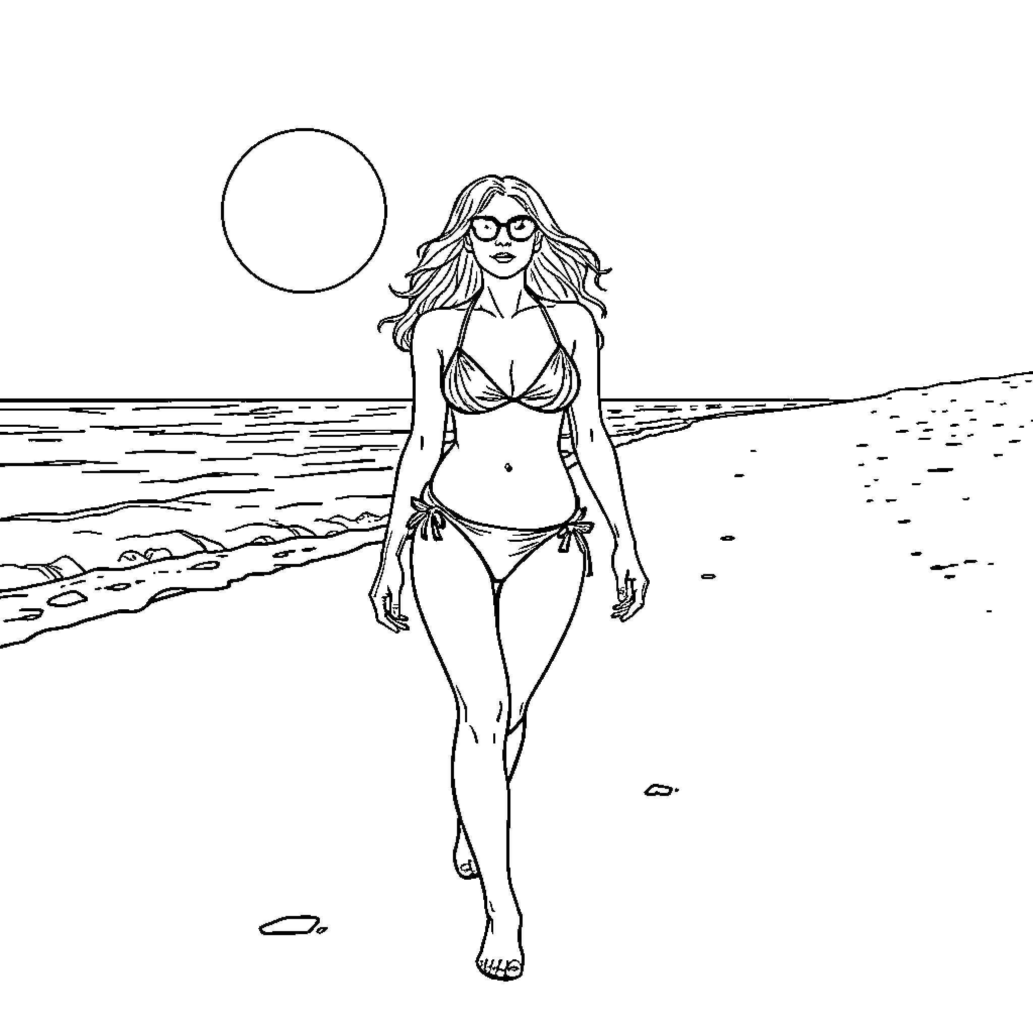 Model walking on the beach in swimwear Coloring Page (free black-and-white line drawing printable PDF for all, from beginners to advanced learners, including children, teens, adults, and seniors)