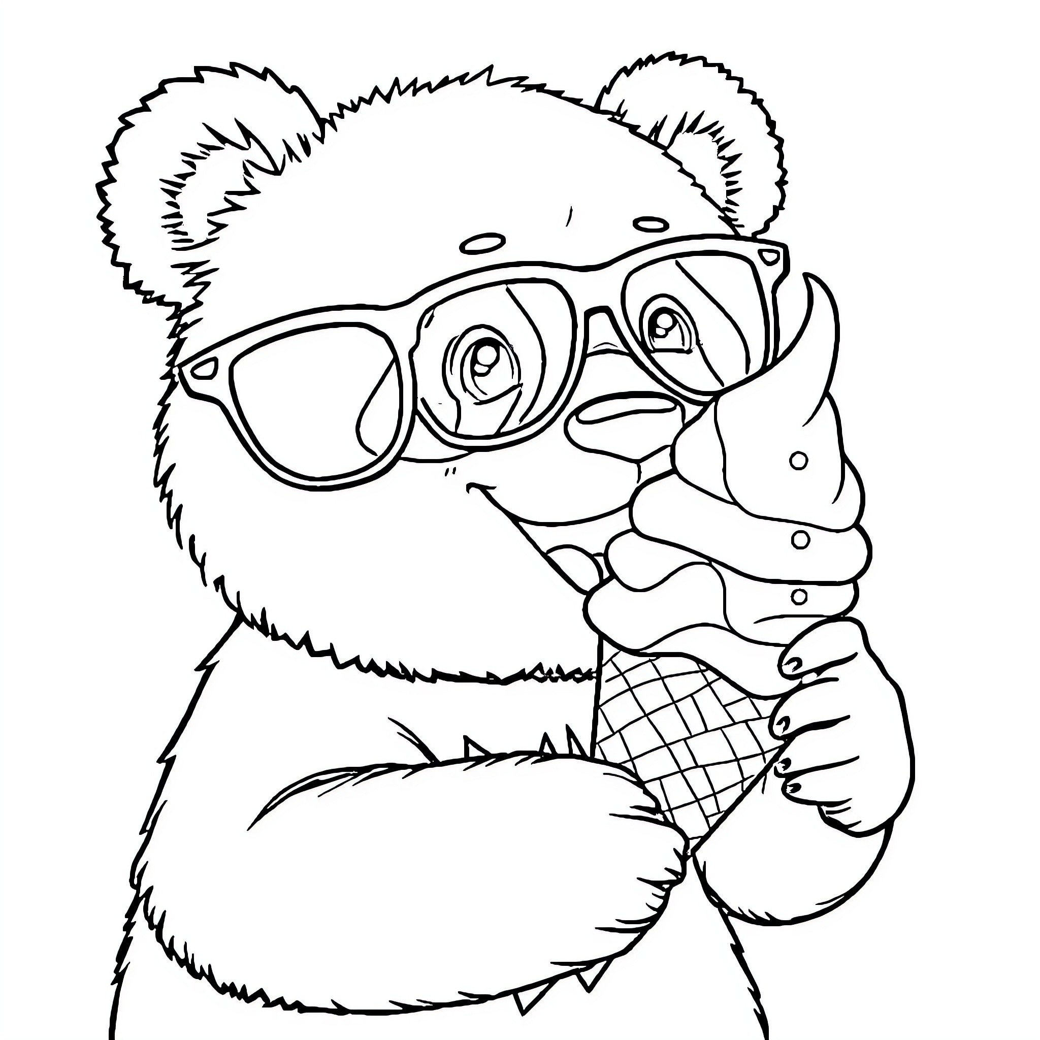 Panda wearing glasses and eating ice cream Coloring Page (free black-and-white line drawing printable PDF for all, from beginners to advanced learners, including children, teens, adults, and seniors)