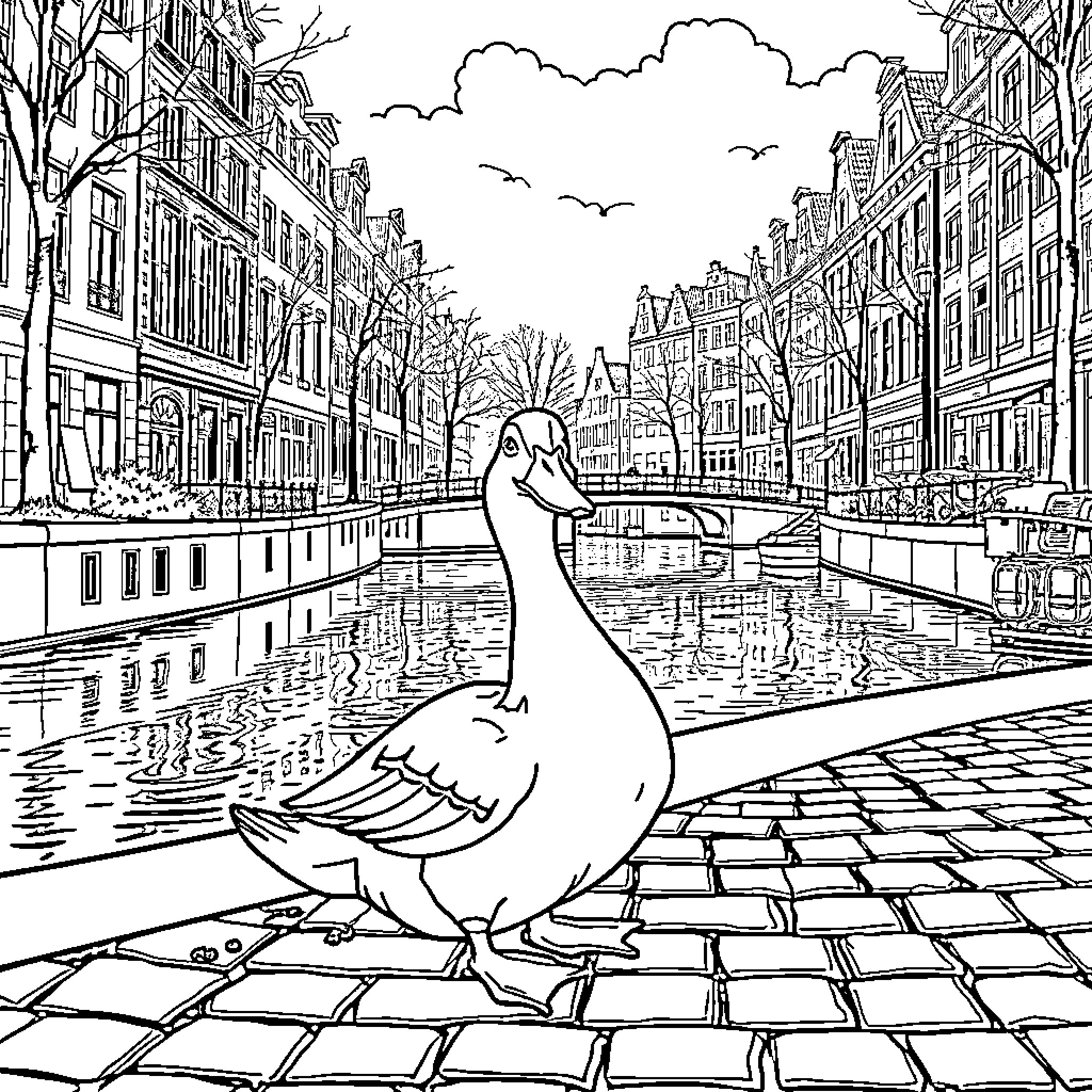 Duck Wandering in Amsterdam Cityscape Coloring Page (free black-and-white line drawing printable PDF for all, from beginners to advanced learners, including children, teens, adults, and seniors)