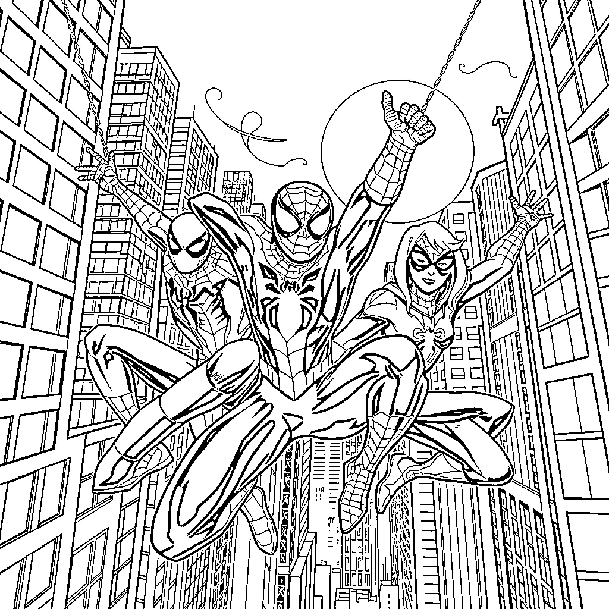 Spider Heroes Swinging through the City Coloring Page (free black-and-white line drawing printable PDF for all, from beginners to advanced learners, including children, teens, adults, and seniors)