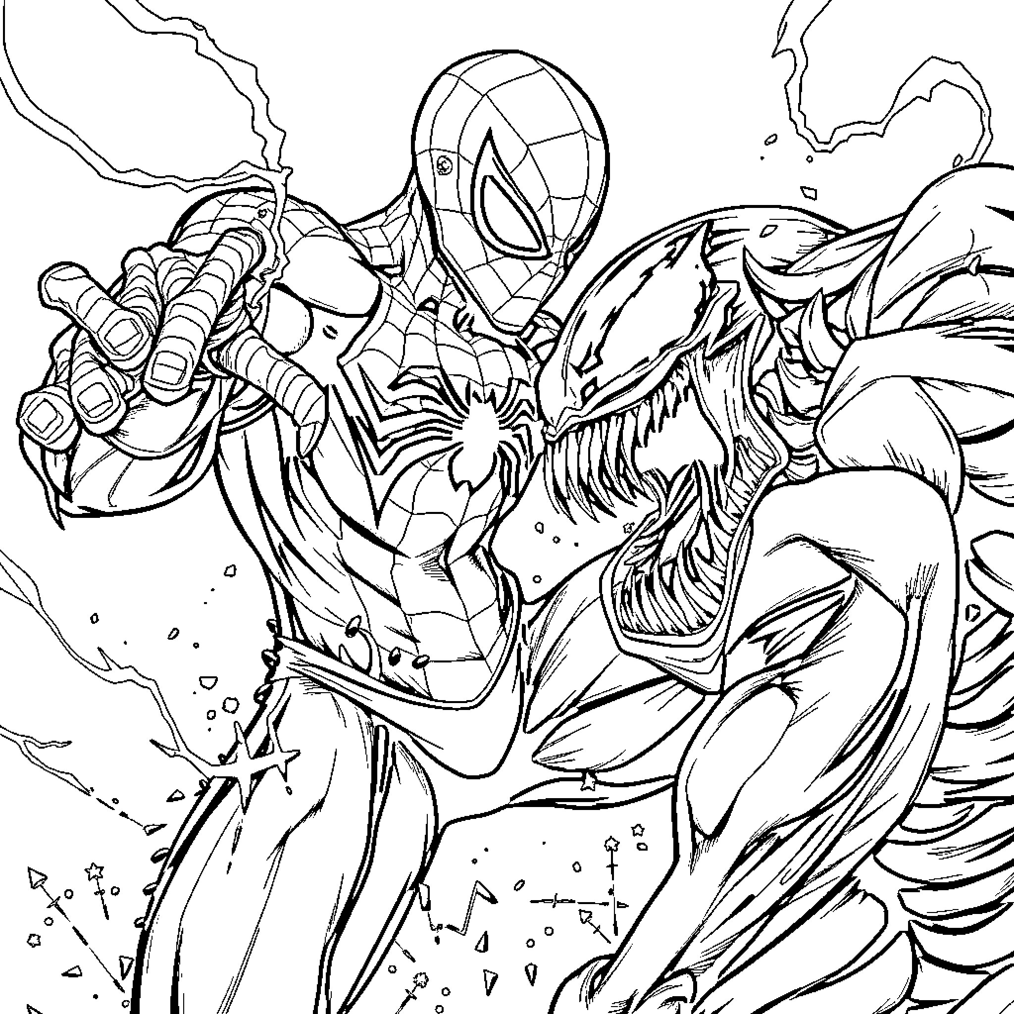 Spiderman battles a monstrous foe in an intense showdown Coloring Page (free black-and-white line drawing printable PDF for all, from beginners to advanced learners, including children, teens, adults, and seniors)