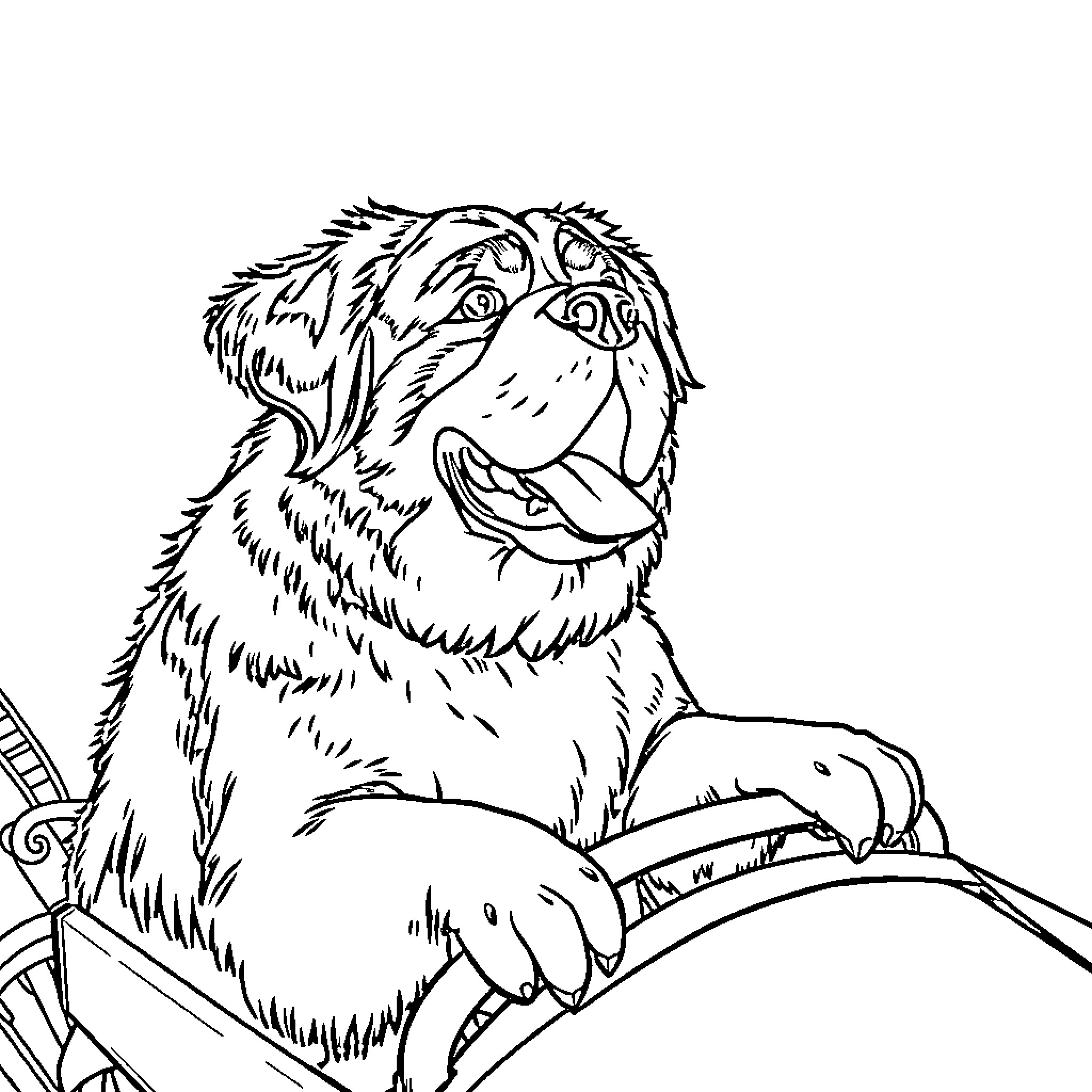 Saint Bernard dog with harness and gear Coloring Page (free black-and-white line drawing printable PDF for all, from beginners to advanced learners, including children, teens, adults, and seniors)