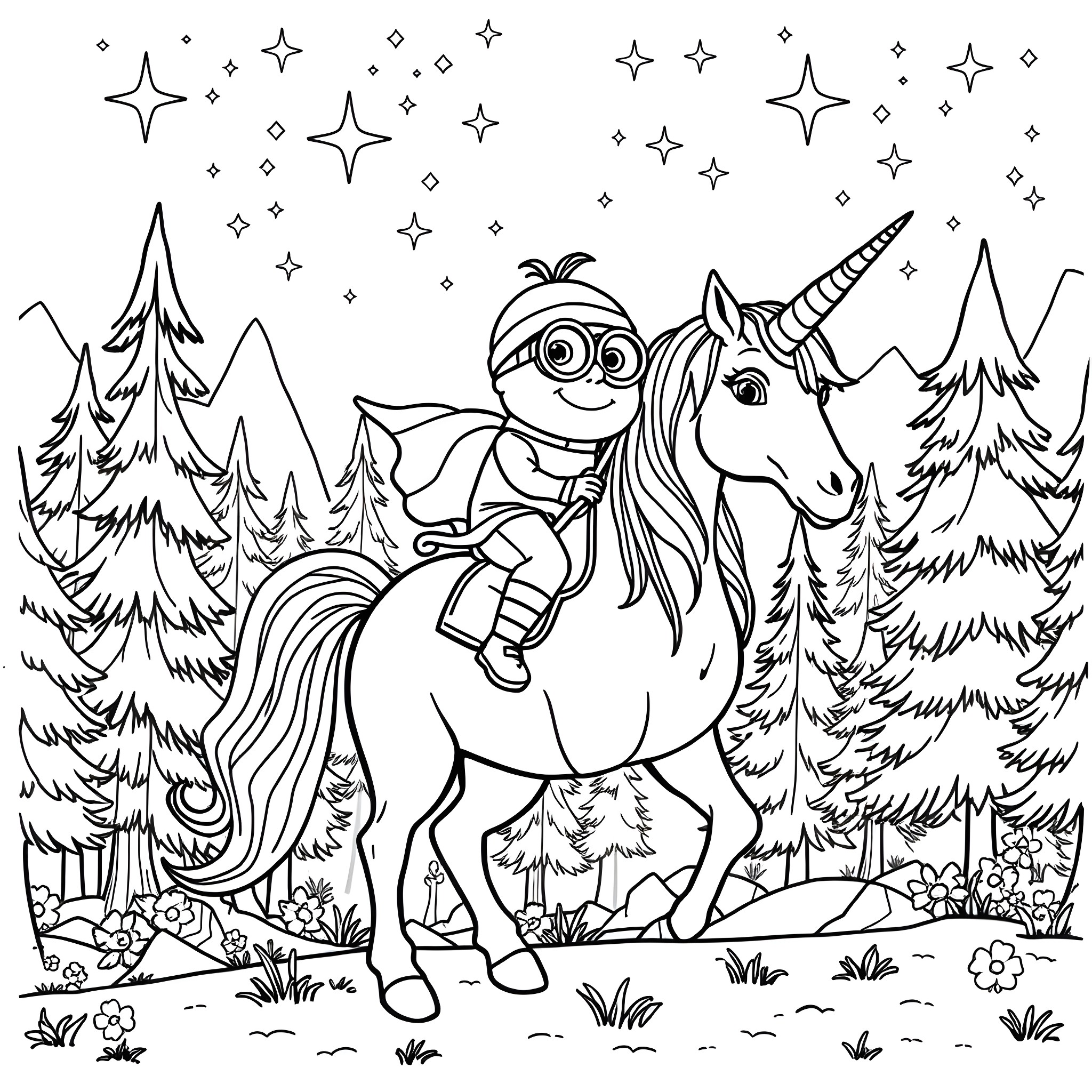Minion riding a unicorn in a magical forest Coloring Page (free black-and-white line drawing printable PDF for all, from beginners to advanced learners, including children, teens, adults, and seniors)