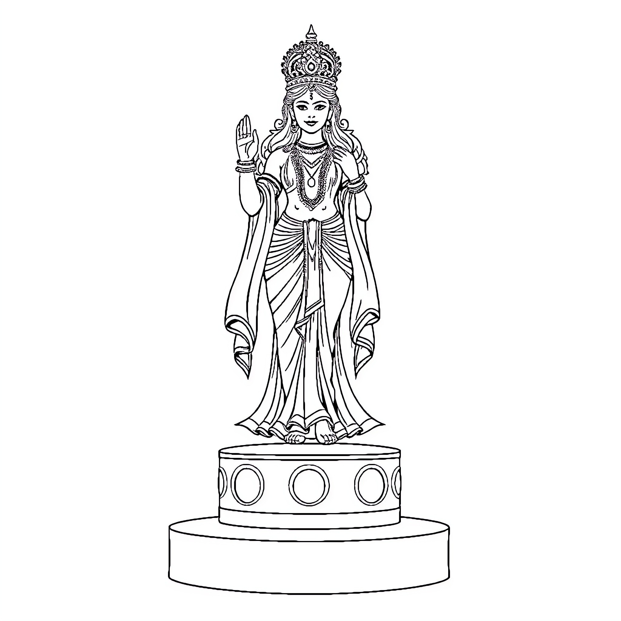 Idol of a deity adorned in intricate attire Coloring Page (free black-and-white line drawing printable PDF for all, from beginners to advanced learners, including children, teens, adults, and seniors)