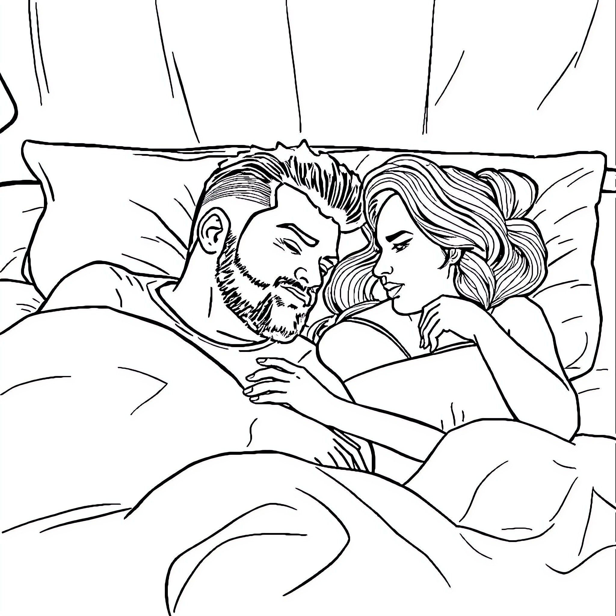 Harvey Price cuddling with a partner in bed Coloring Page (free black-and-white line drawing printable PDF for all, from beginners to advanced learners, including children, teens, adults, and seniors)