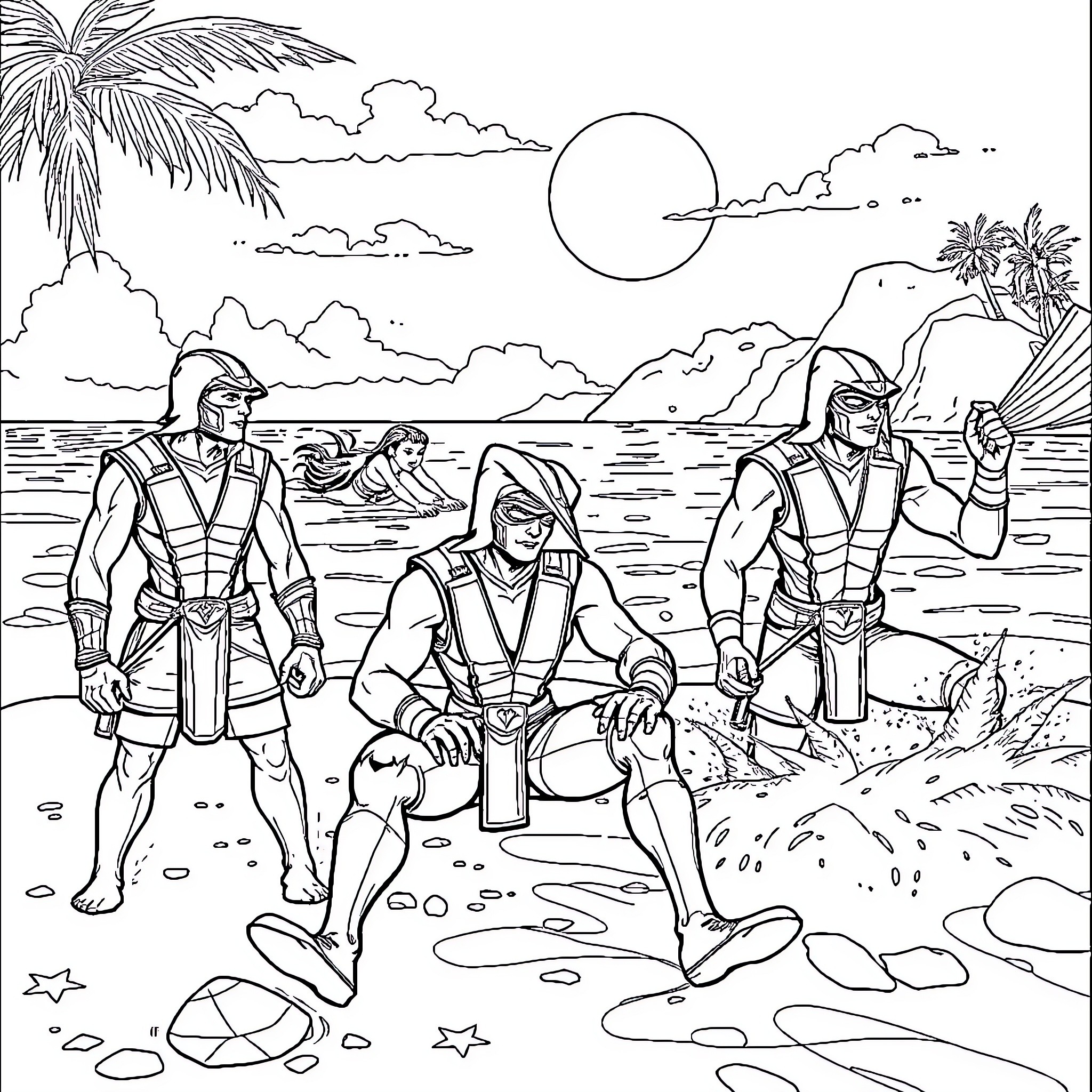 Mortal Kombat warriors in a tropical island setting Coloring Page (free black-and-white line drawing printable PDF for all, from beginners to advanced learners, including children, teens, adults, and seniors)