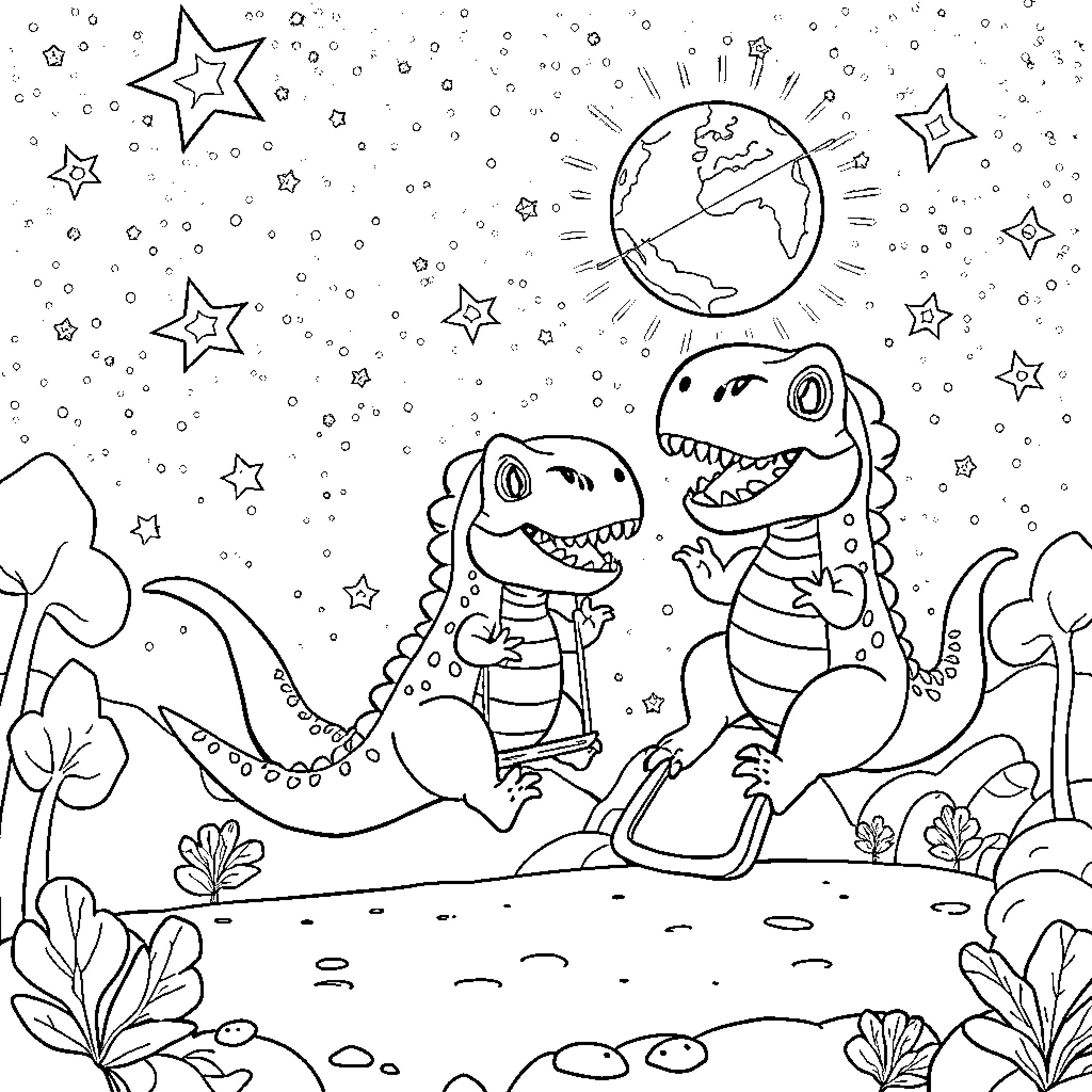 T-Rex dinosaurs exploring the starry night landscape Coloring Page (free black-and-white line drawing printable PDF for all, from beginners to advanced learners, including children, teens, adults, and seniors)