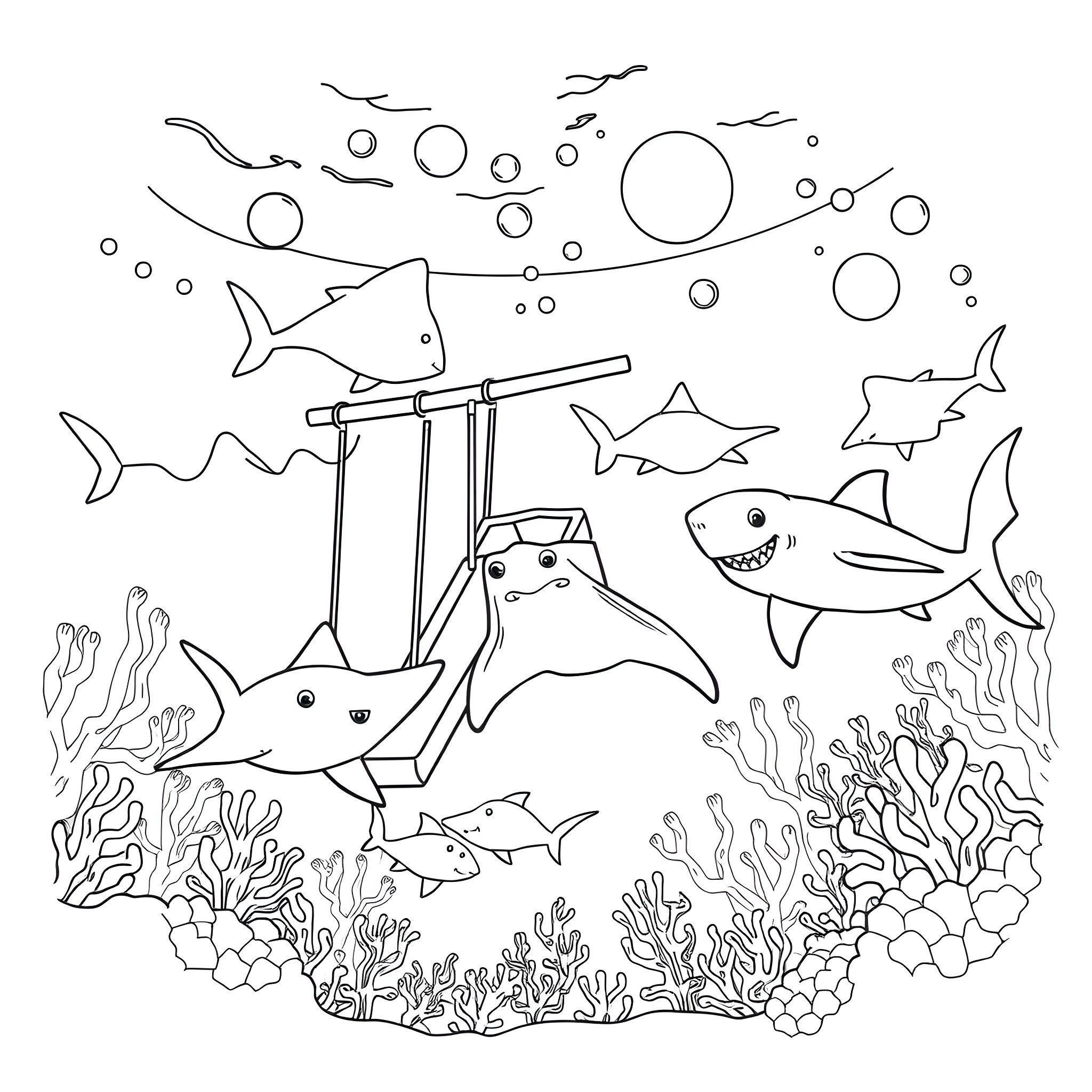 Stingrays swimming playfully in the ocean Coloring Page (free black-and-white line drawing printable PDF for all, from beginners to advanced learners, including children, teens, adults, and seniors)