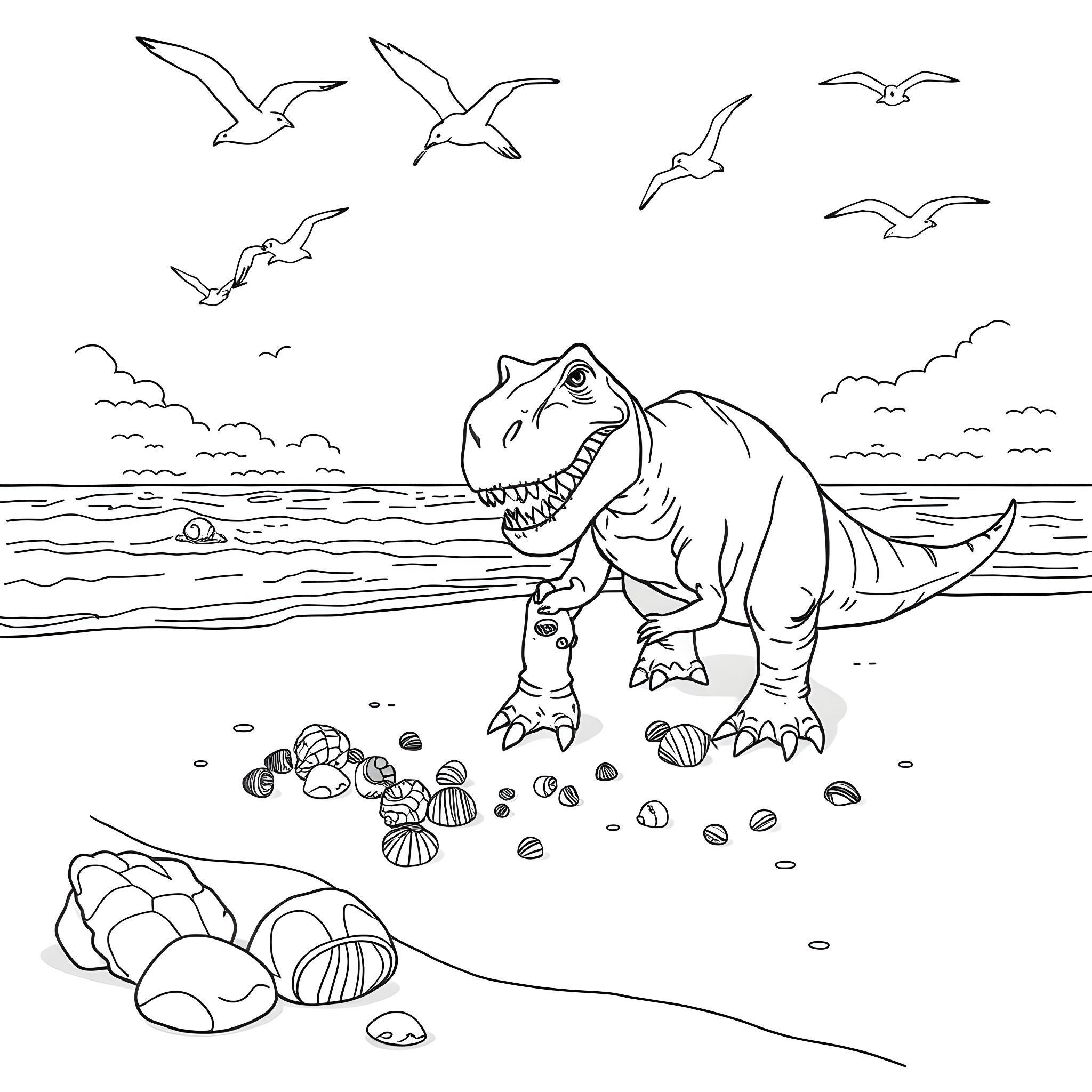T-Rex exploring the beach with seagulls in the sky Coloring Page (free black-and-white line drawing printable PDF for all, from beginners to advanced learners, including children, teens, adults, and seniors)