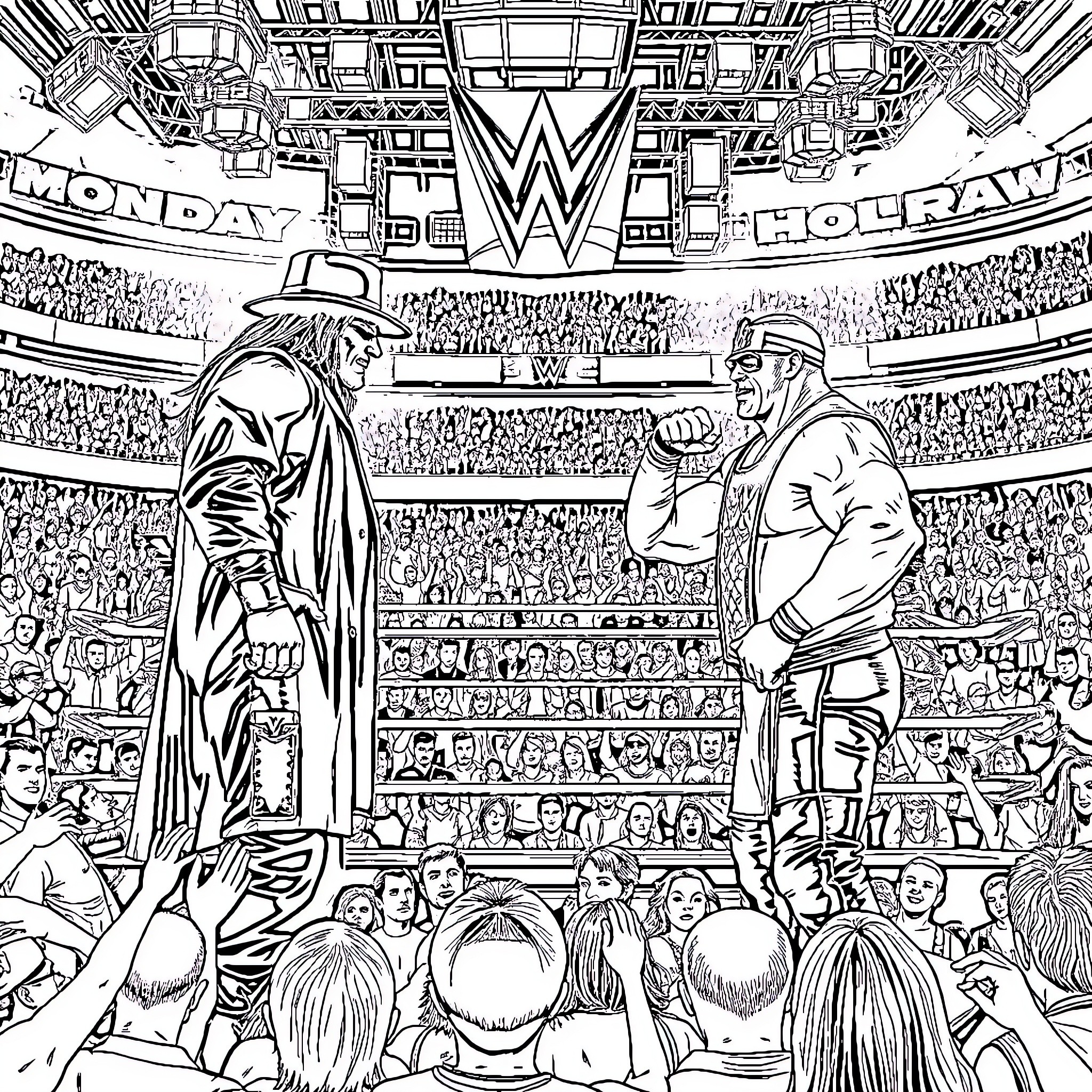 Wrestler showdown in a bustling arena Coloring Page (free black-and-white line drawing printable PDF for all, from beginners to advanced learners, including children, teens, adults, and seniors)