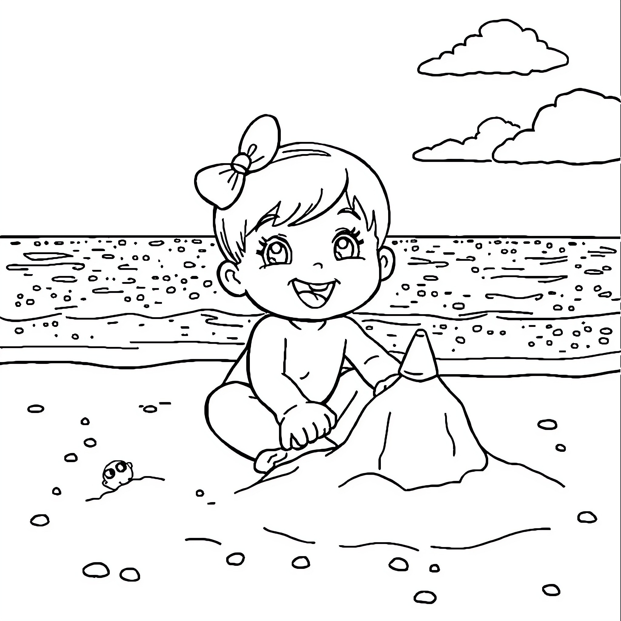 Nanou's Seaside Fun Coloring Page (free black-and-white line drawing printable PDF for all, from beginners to advanced learners, including children, teens, adults, and seniors)