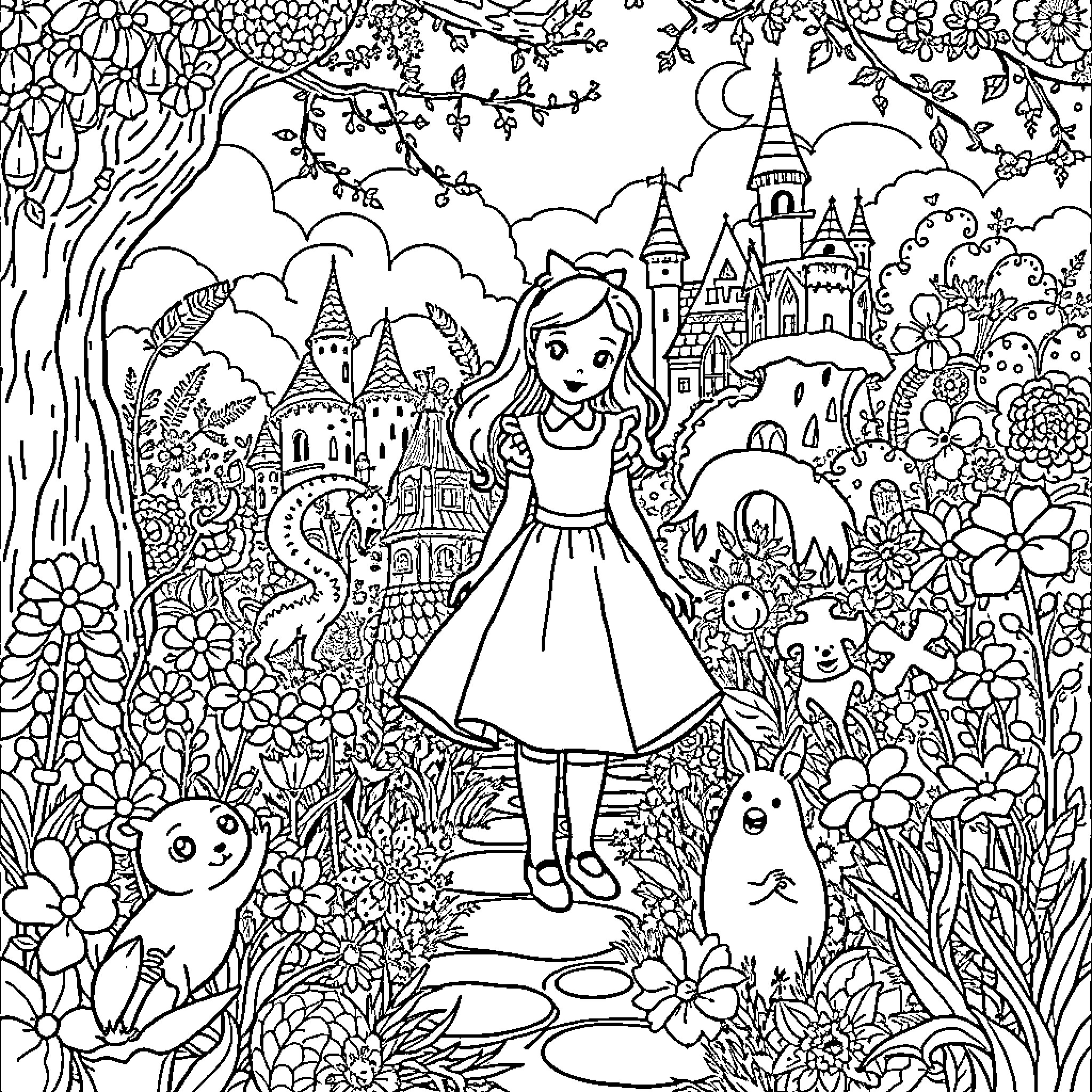 Alice explores the magical castle garden Coloring Page (free black-and-white line drawing printable PDF for all, from beginners to advanced learners, including children, teens, adults, and seniors)