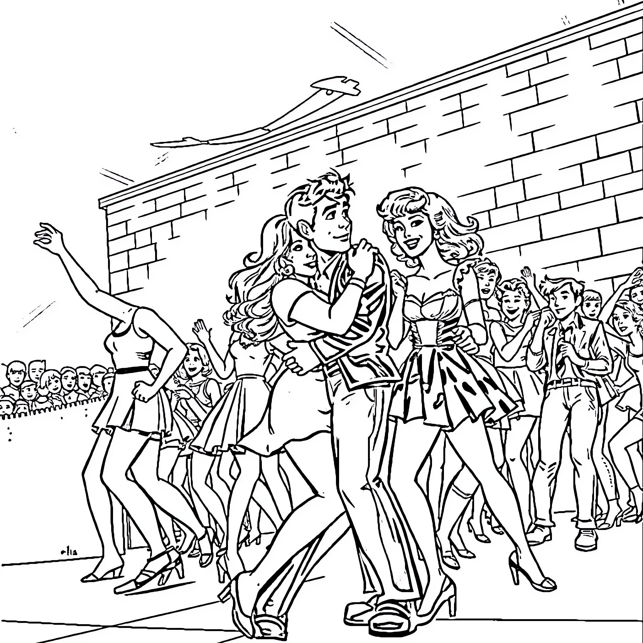 Grease: Friends Enjoying a Lively Dance Party Coloring Page (free black-and-white line drawing printable PDF for all, from beginners to advanced learners, including children, teens, adults, and seniors)