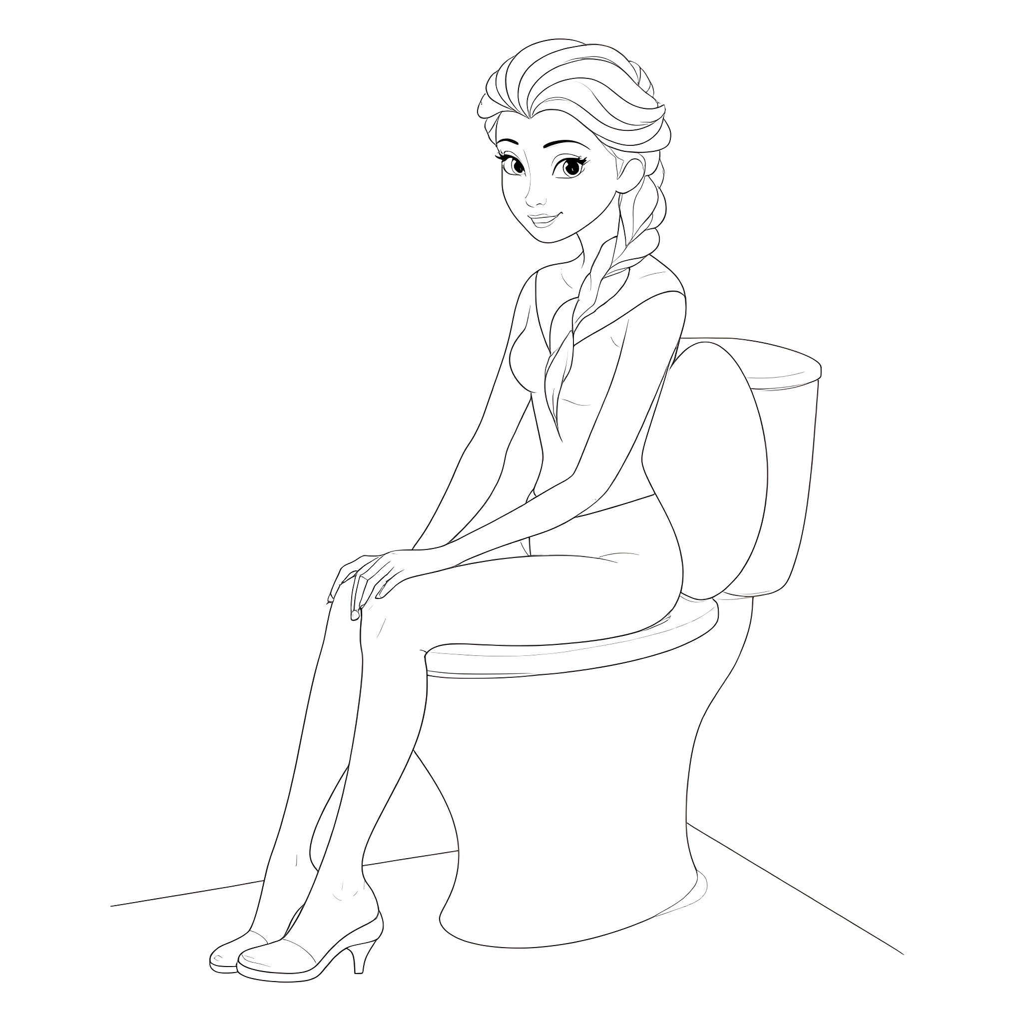 Elsa sitting on a toilet in contemplation Coloring Page (free black-and-white line drawing printable PDF for all, from beginners to advanced learners, including children, teens, adults, and seniors)