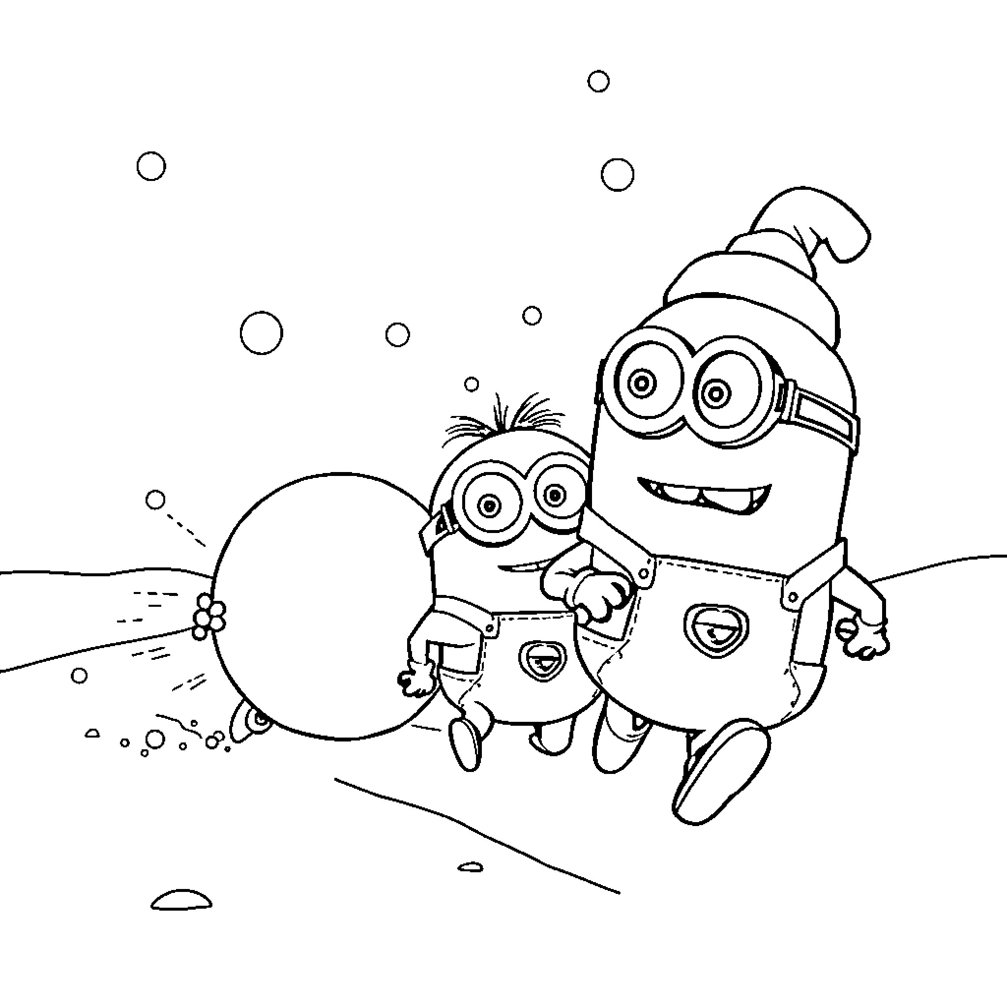 Minions playing with giant snowball Coloring Page (free black-and-white line drawing printable PDF for all, from beginners to advanced learners, including children, teens, adults, and seniors)