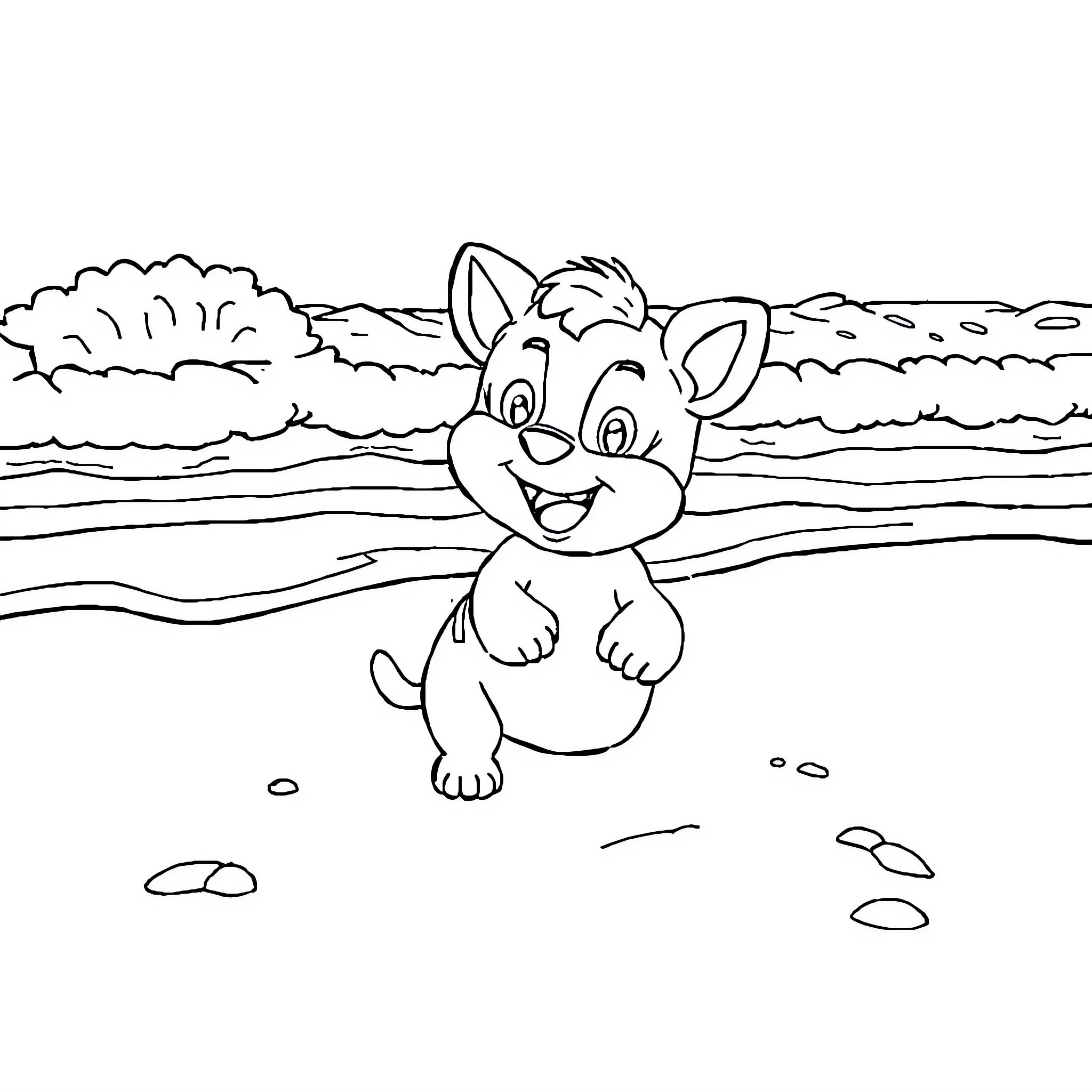 Tchoupi playing happily in the countryside Coloring Page (free black-and-white line drawing printable PDF for all, from beginners to advanced learners, including children, teens, adults, and seniors)