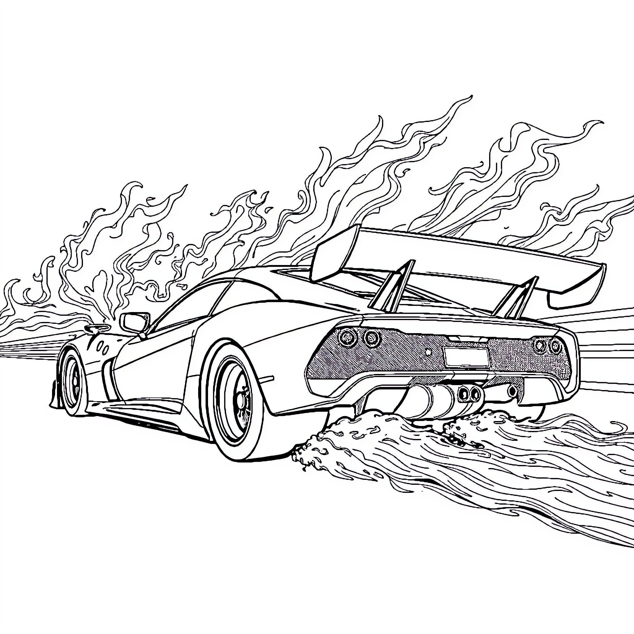 Voiture racing at high speed on the road Coloring Page (free black-and-white line drawing printable PDF for all, from beginners to advanced learners, including children, teens, adults, and seniors)