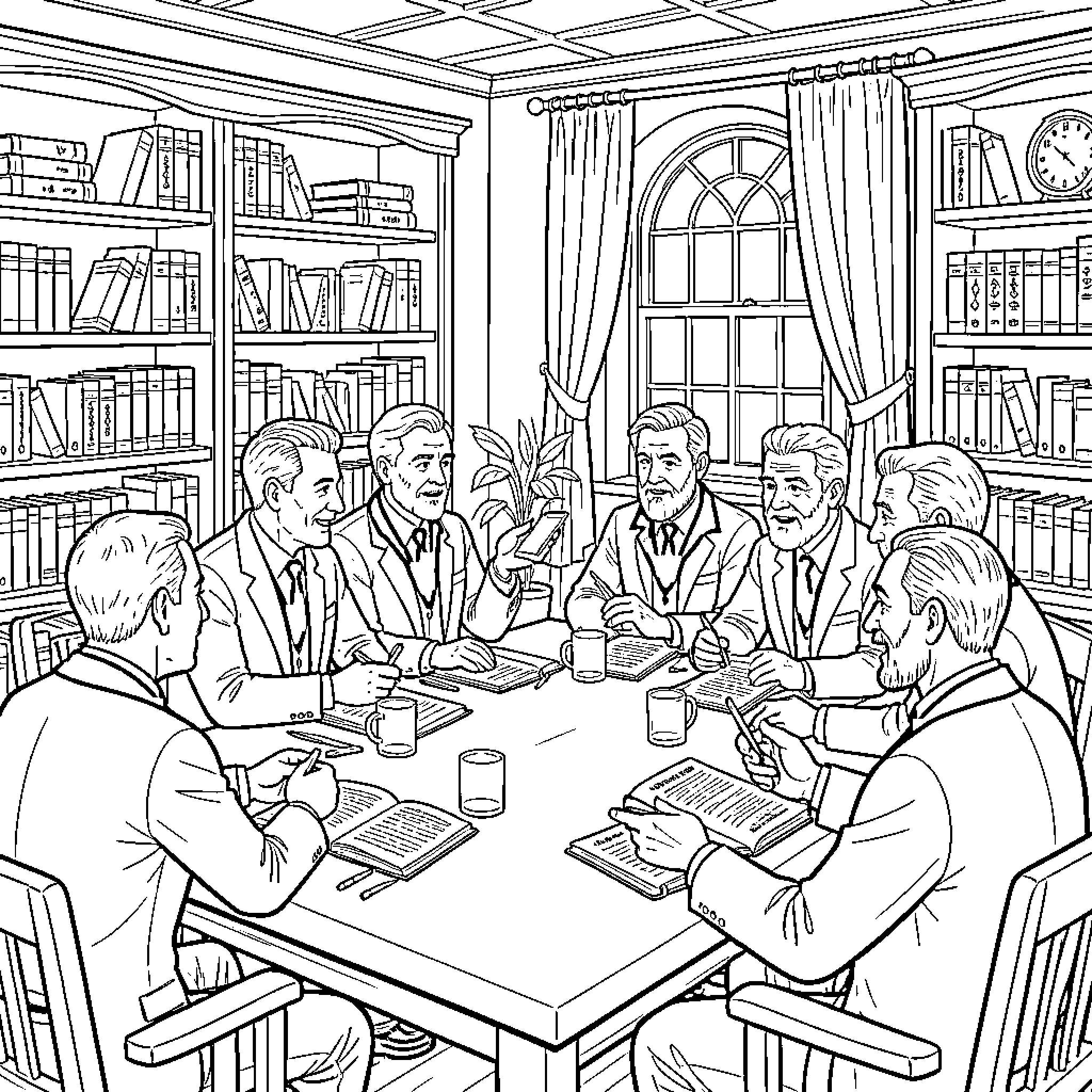 Freemason members engaged in a formal meeting Coloring Page (free black-and-white line drawing printable PDF for all, from beginners to advanced learners, including children, teens, adults, and seniors)