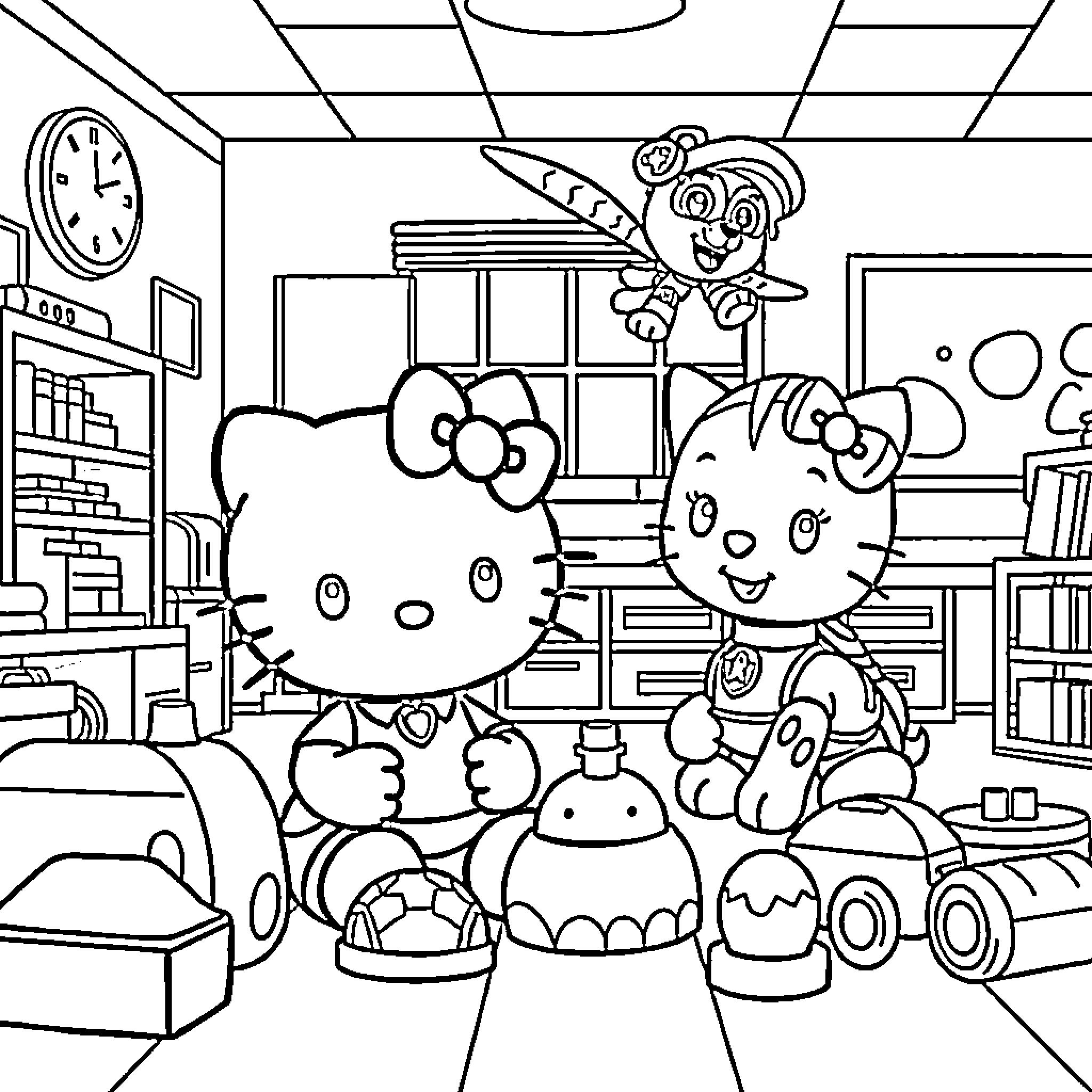 Hello Kitty and Friends in a Classroom Setting Coloring Page (free black-and-white line drawing printable PDF for all, from beginners to advanced learners, including children, teens, adults, and seniors)