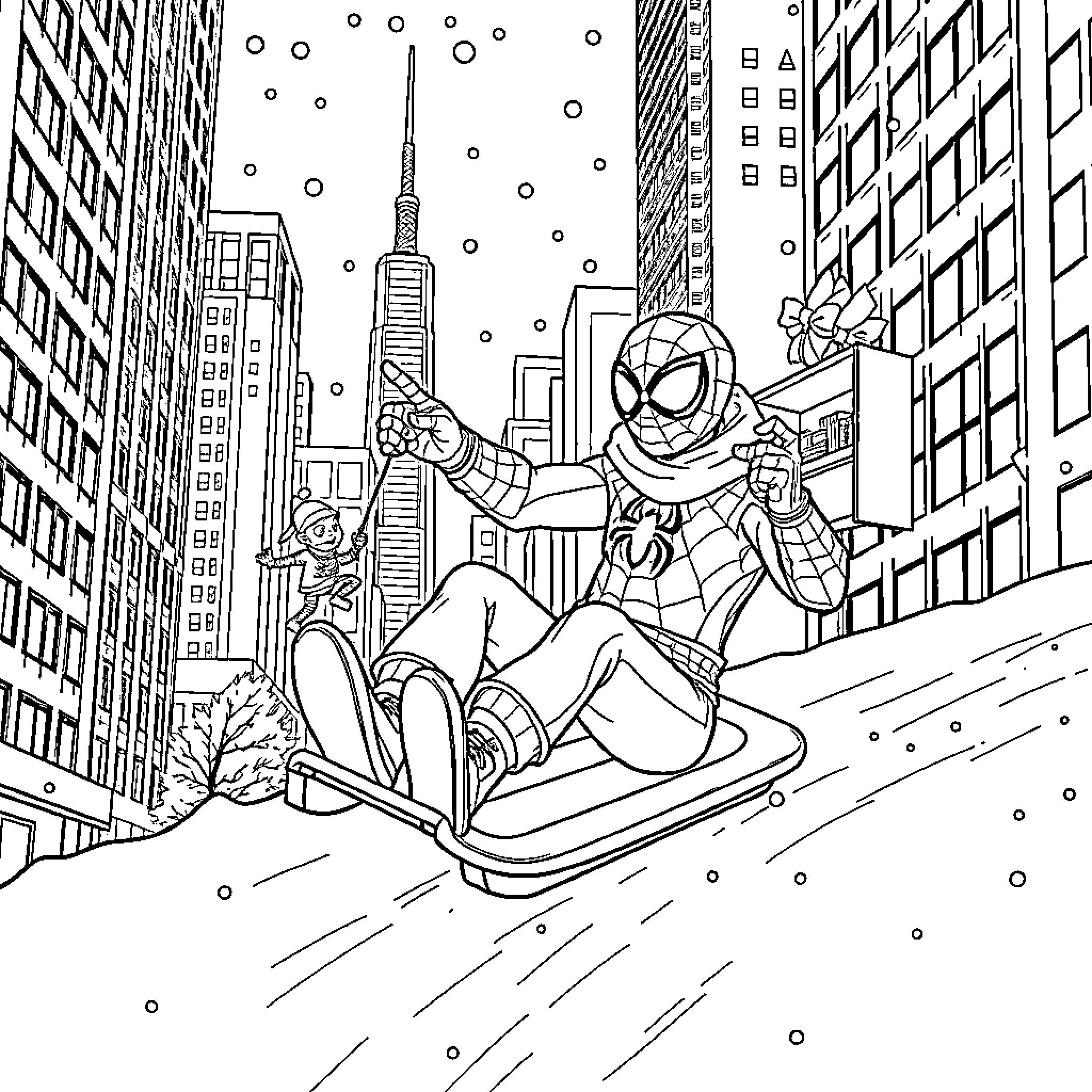 Spider-Man saving the day in the city Coloring Page (free black-and-white line drawing printable PDF for all, from beginners to advanced learners, including children, teens, adults, and seniors)