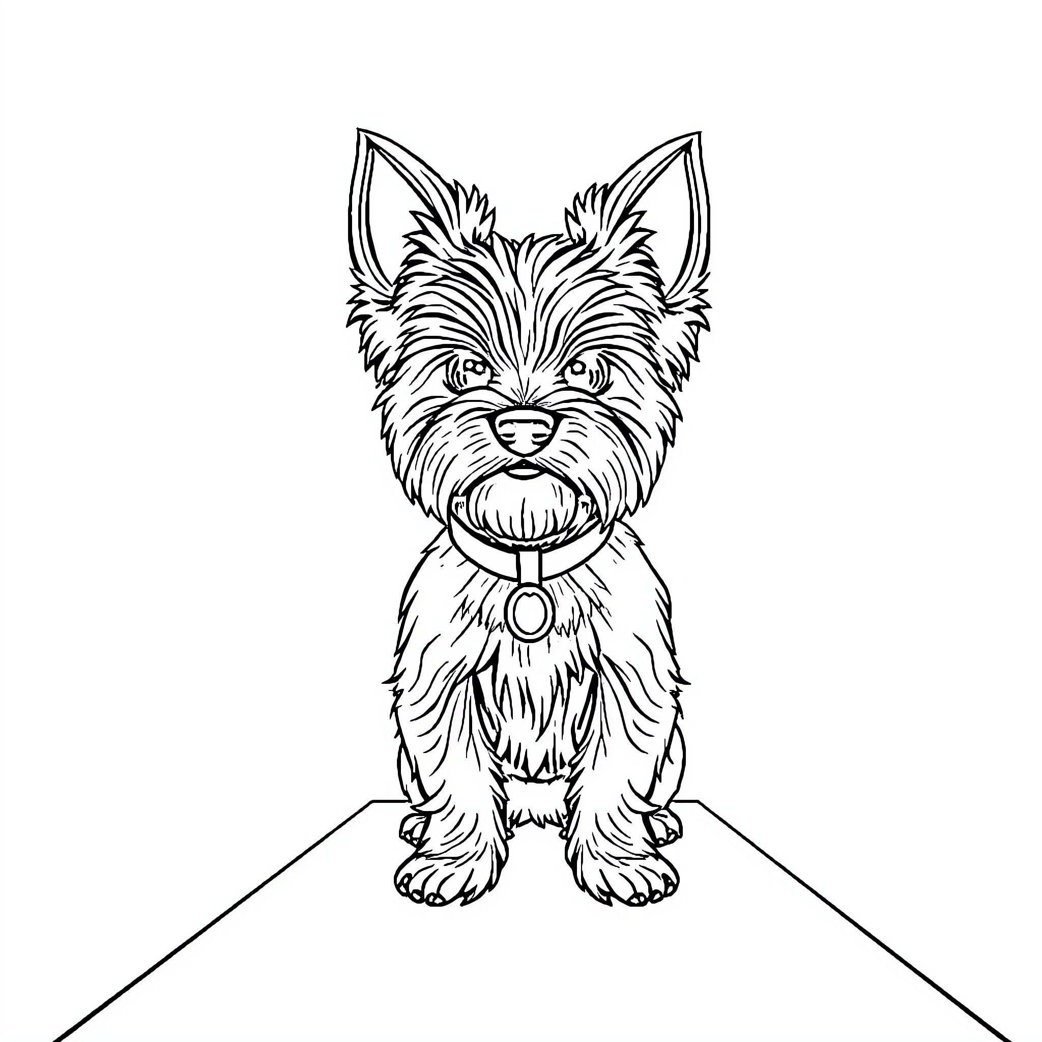 Yorkshire Terrier sitting obediently on a surface Coloring Page (free black-and-white line drawing printable PDF for all, from beginners to advanced learners, including children, teens, adults, and seniors)