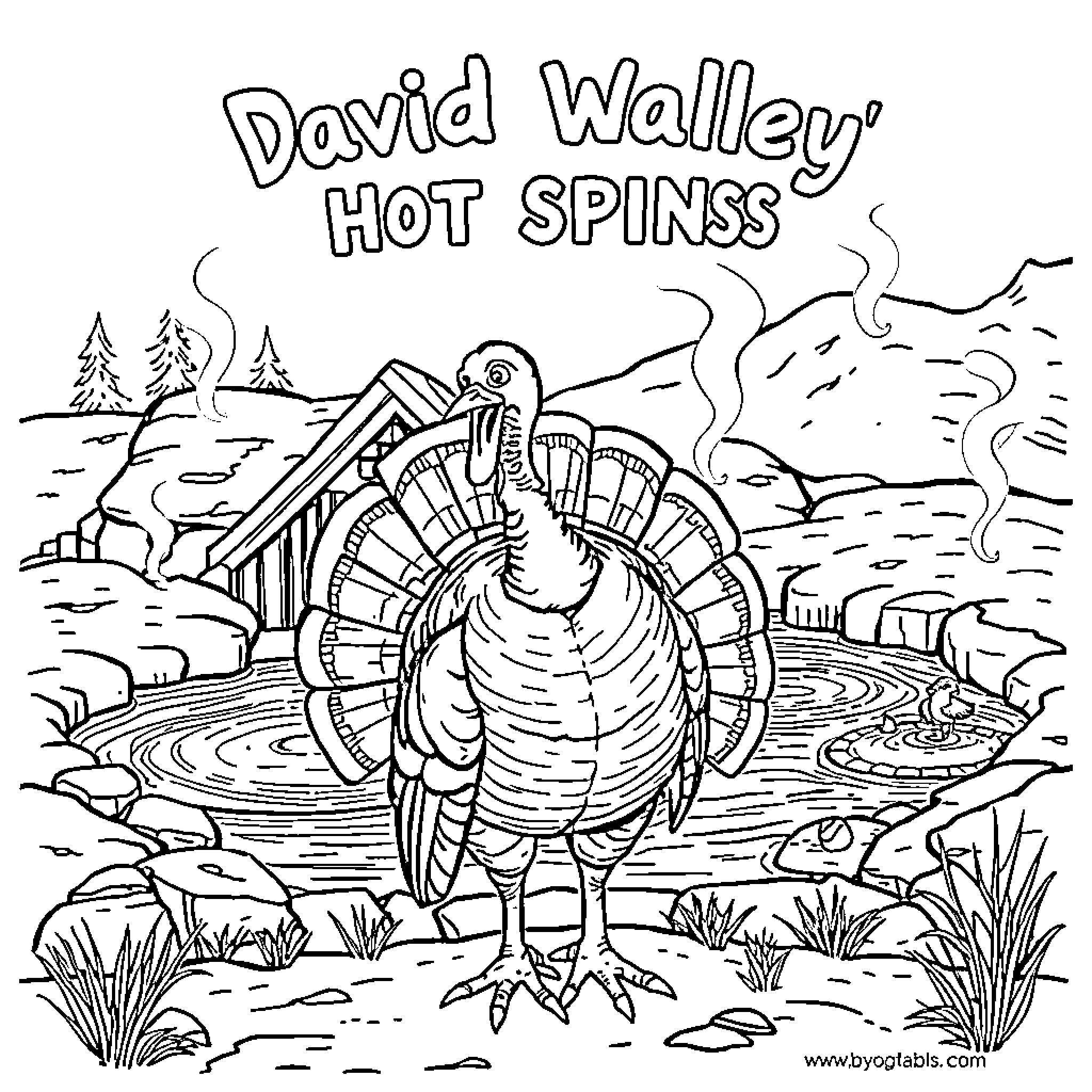 Turkey enjoying a hot day in the countryside Coloring Page (free black-and-white line drawing printable PDF for all, from beginners to advanced learners, including children, teens, adults, and seniors)
