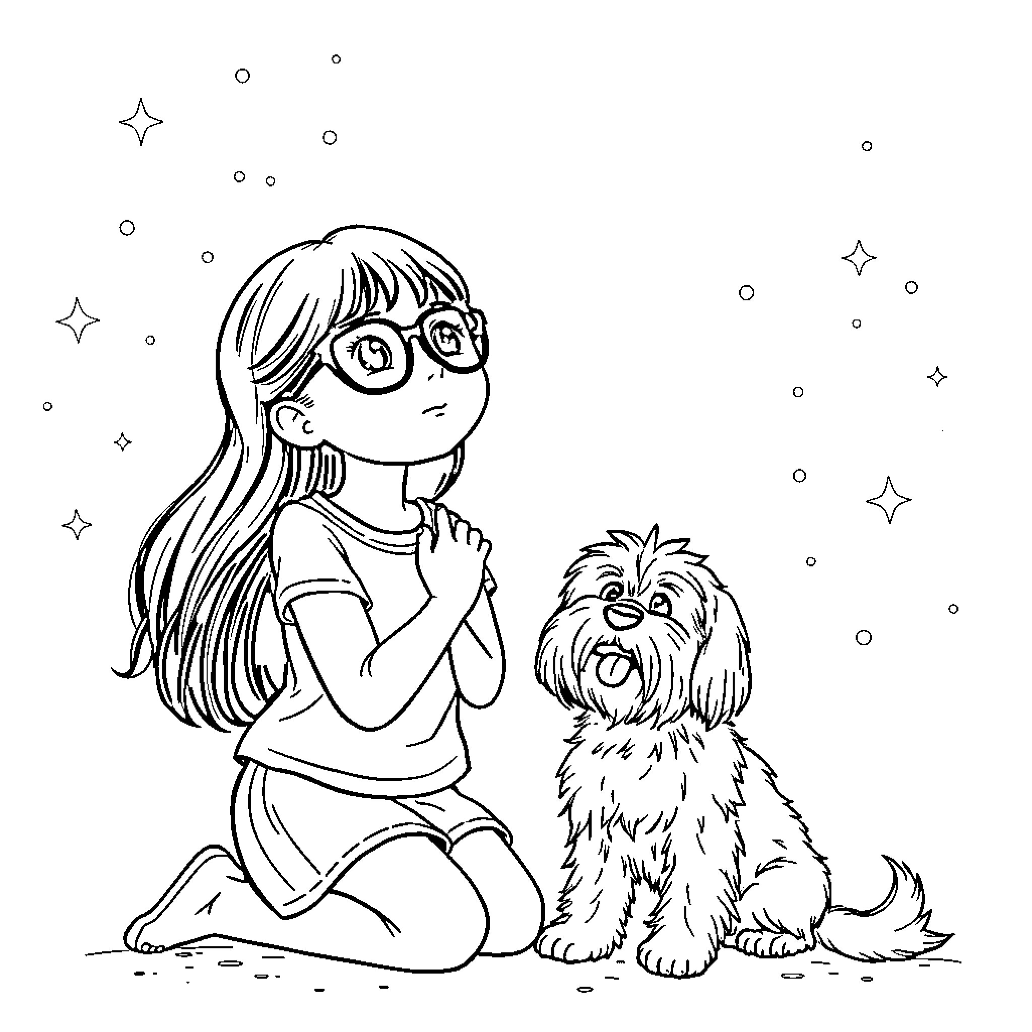 Girl Playing with Adorable Puppy Under Starry Sky Coloring Page (free black-and-white line drawing printable PDF for all, from beginners to advanced learners, including children, teens, adults, and seniors)