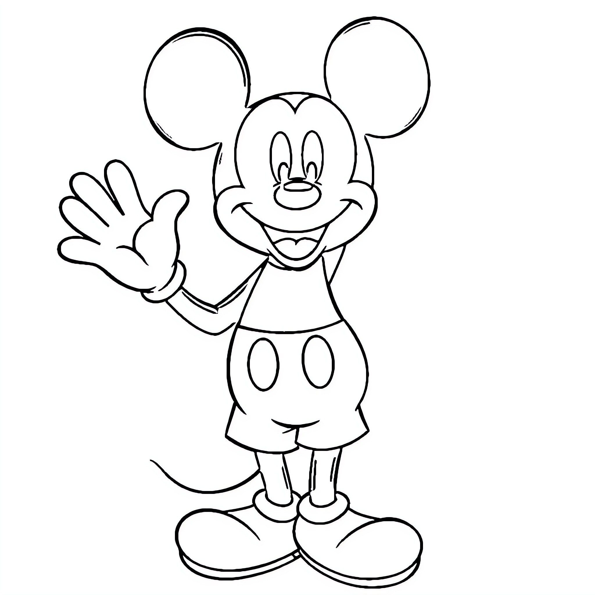 Mickey Mouse waving and smiling happily Coloring Page (free black-and-white line drawing printable PDF for all, from beginners to advanced learners, including children, teens, adults, and seniors)