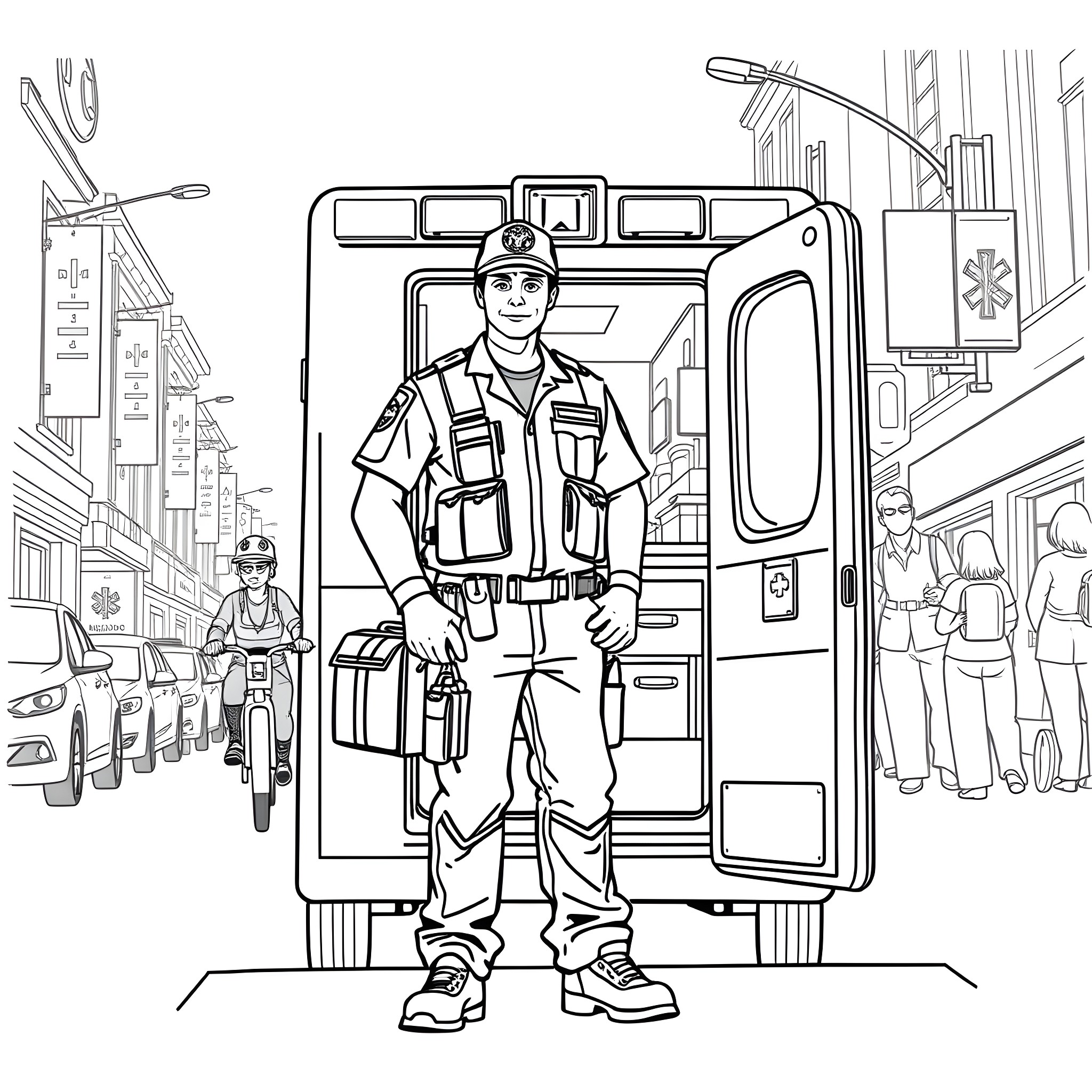 Paramedic responding to emergency in the city Coloring Page (free black-and-white line drawing printable PDF for all, from beginners to advanced learners, including children, teens, adults, and seniors)