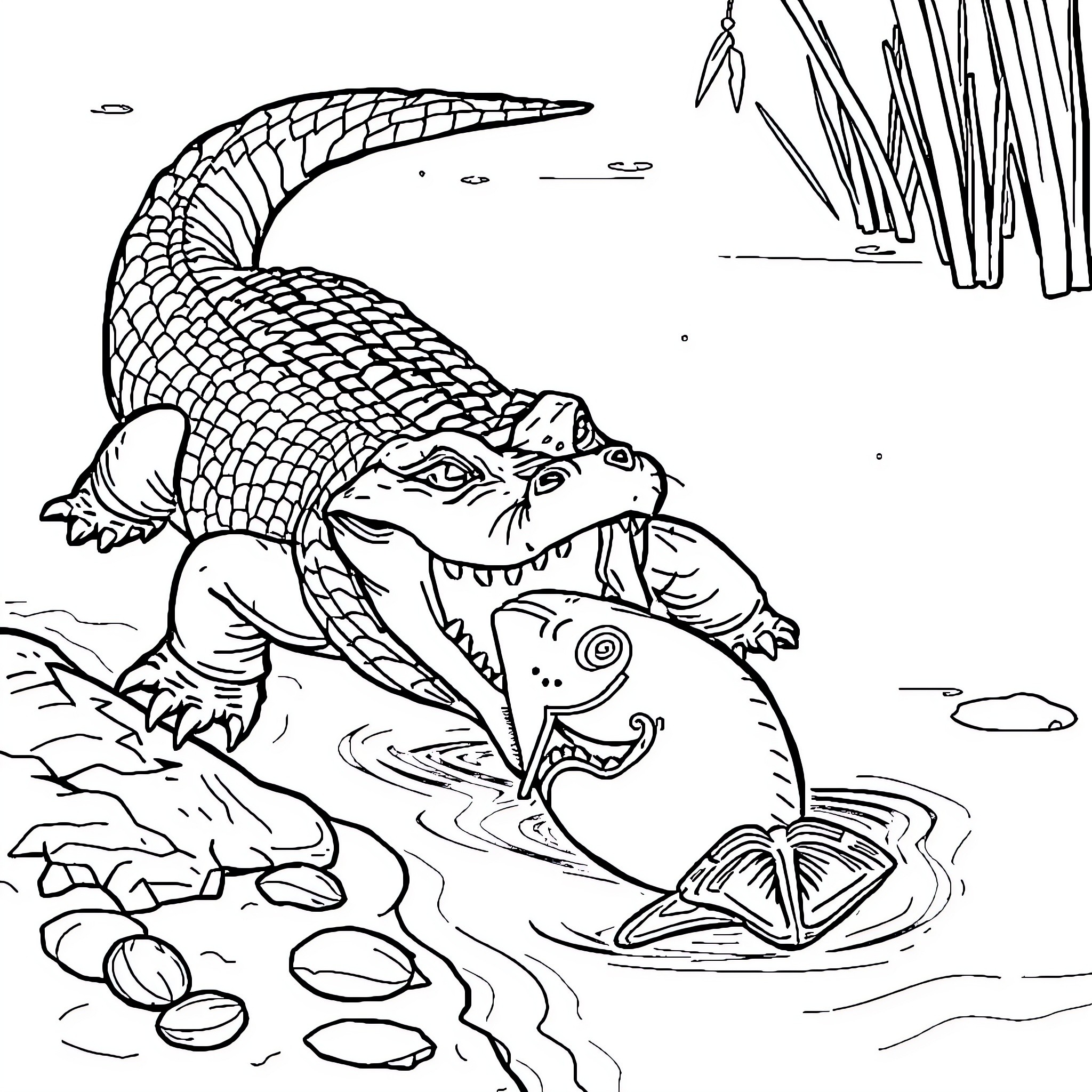 Alligator hunting and catching fish in the pond Coloring Page (free black-and-white line drawing printable PDF for all, from beginners to advanced learners, including children, teens, adults, and seniors)