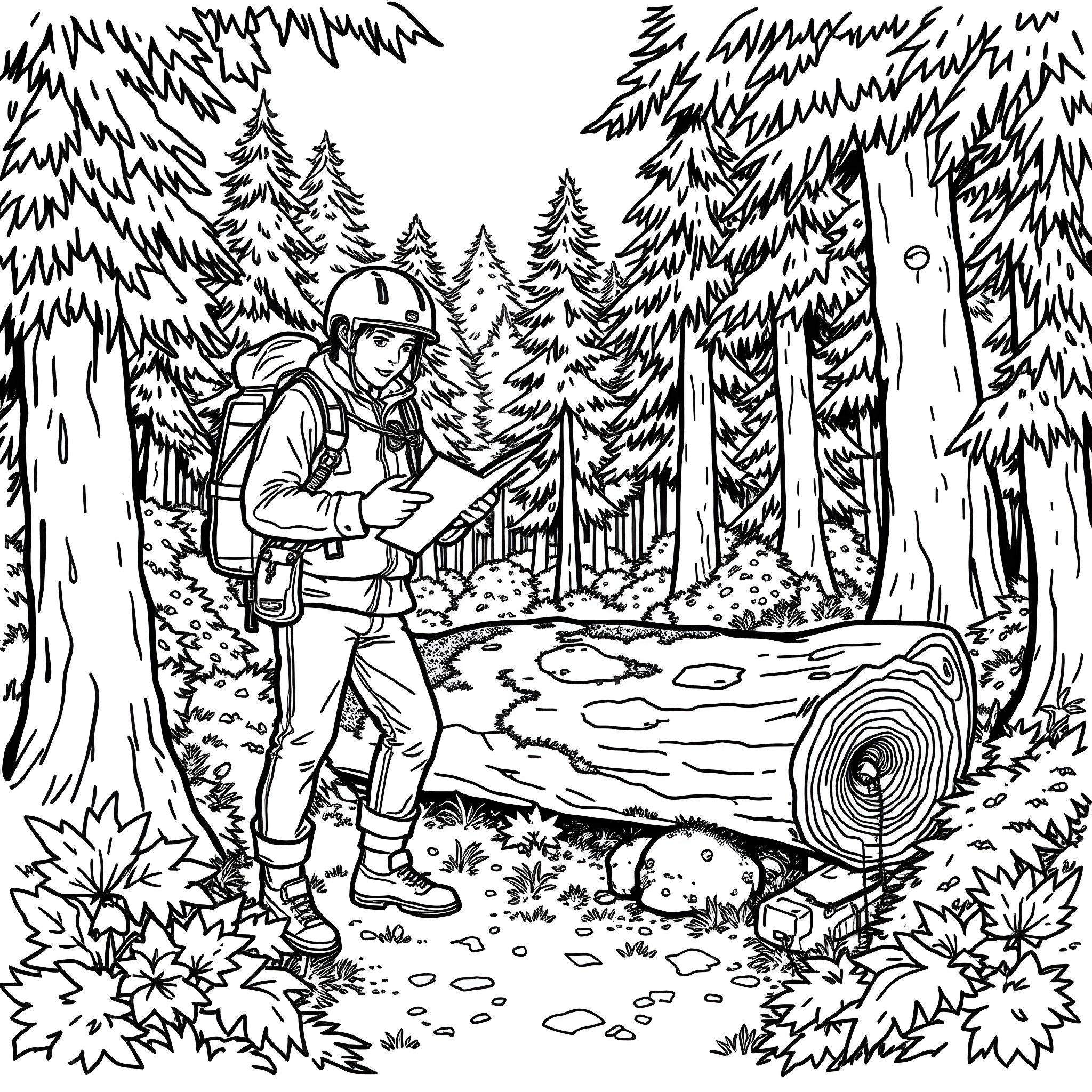 Geocacher exploring the forest Coloring Page (free black-and-white line drawing printable PDF for all, from beginners to advanced learners, including children, teens, adults, and seniors)
