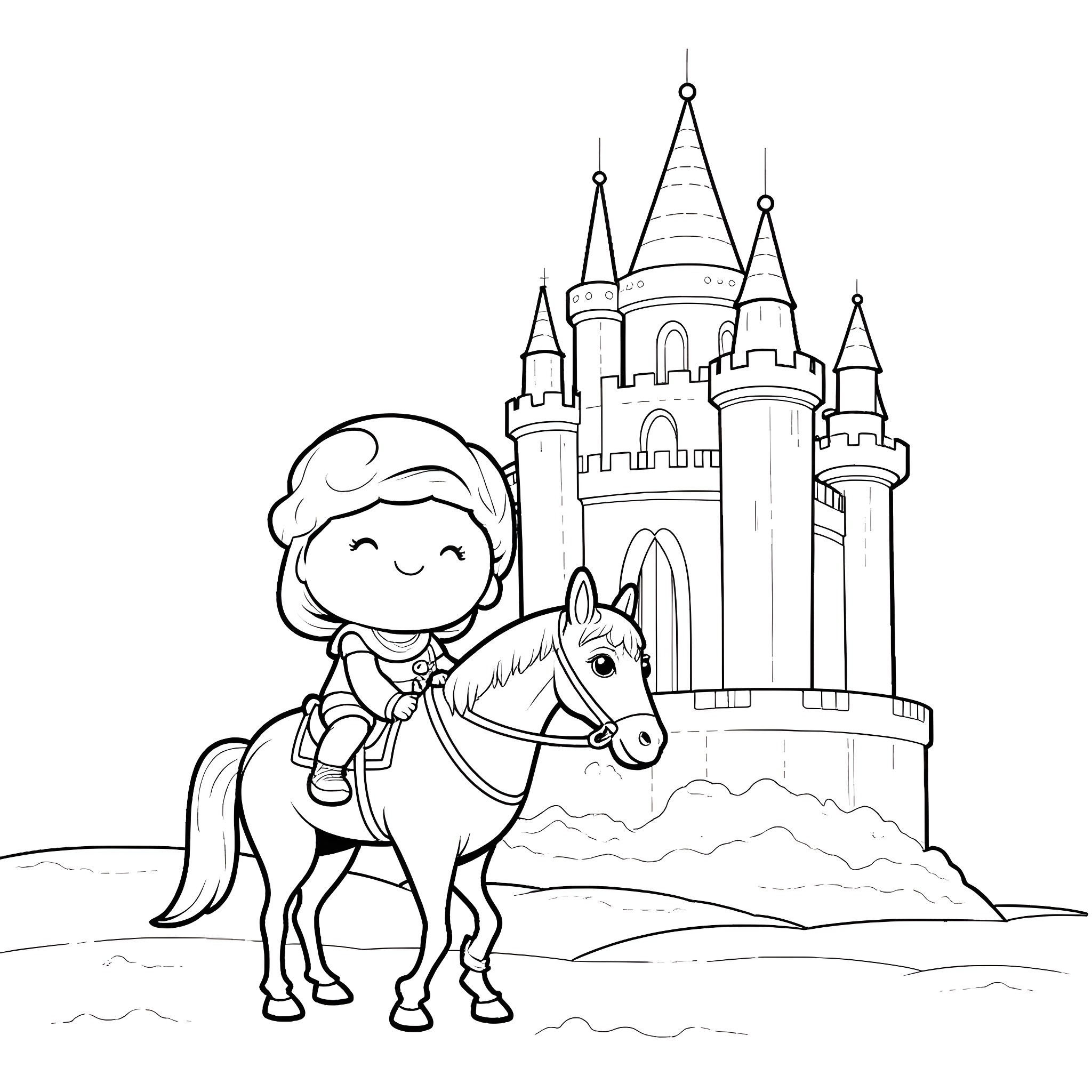 Toad riding a horse in front of a castle Coloring Page (free black-and-white line drawing printable PDF for all, from beginners to advanced learners, including children, teens, adults, and seniors)
