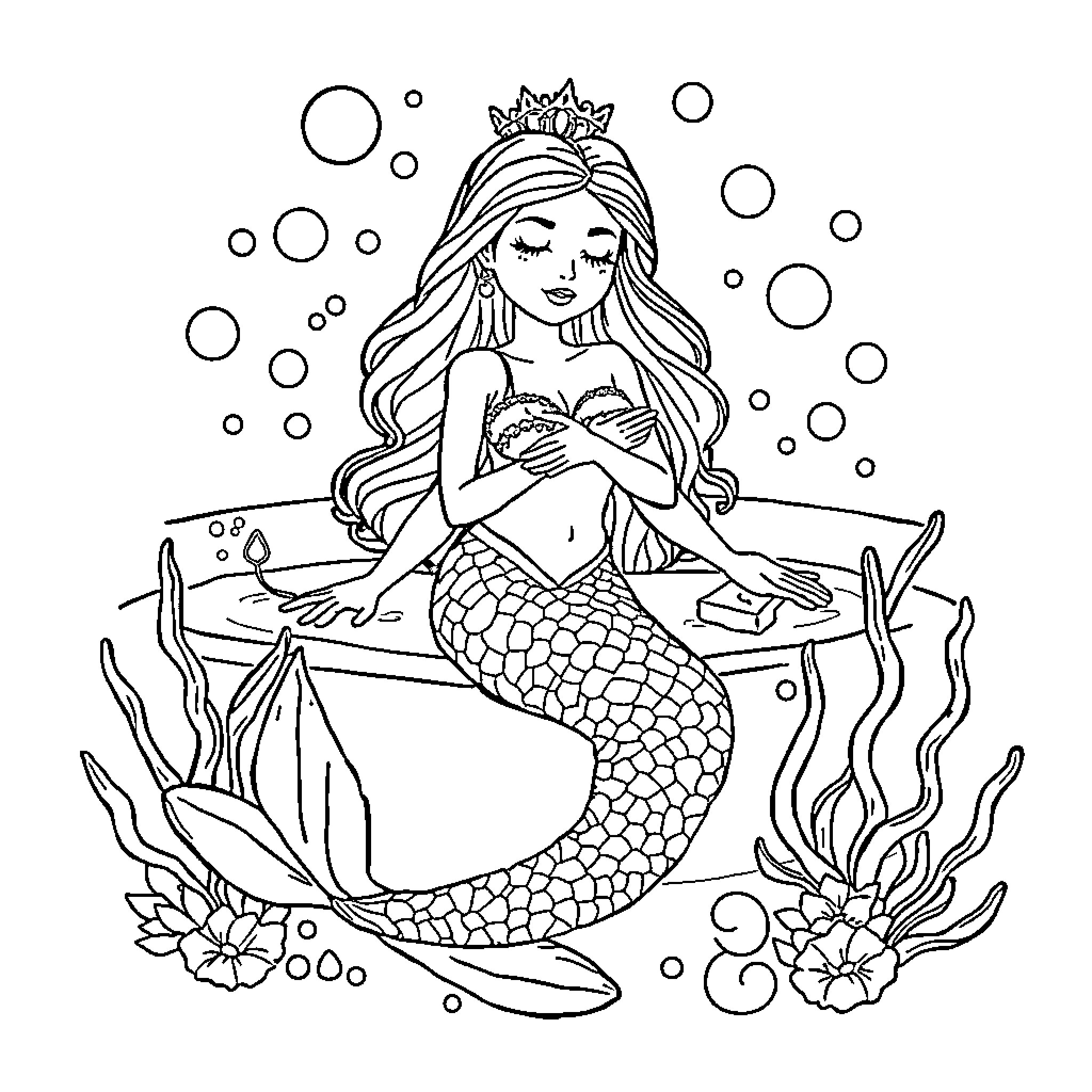 Mermaid resting peacefully underwater Coloring Page (free black-and-white line drawing printable PDF for all, from beginners to advanced learners, including children, teens, adults, and seniors)