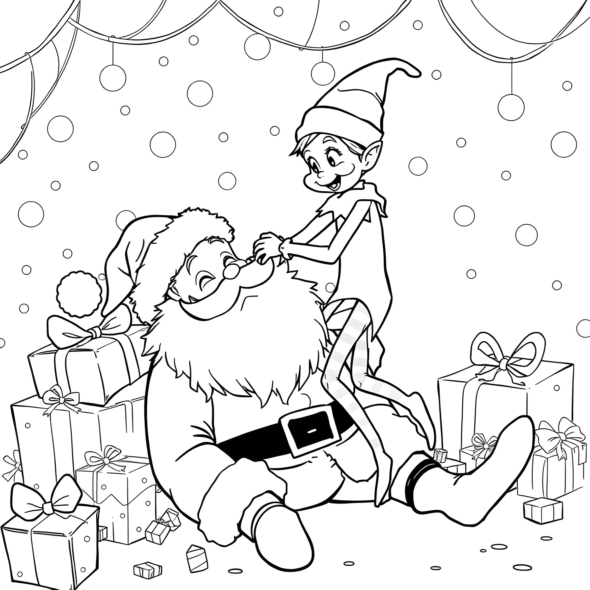 Elf playing happily with Santa Claus in the snow Coloring Page (free black-and-white line drawing printable PDF for all, from beginners to advanced learners, including children, teens, adults, and seniors)