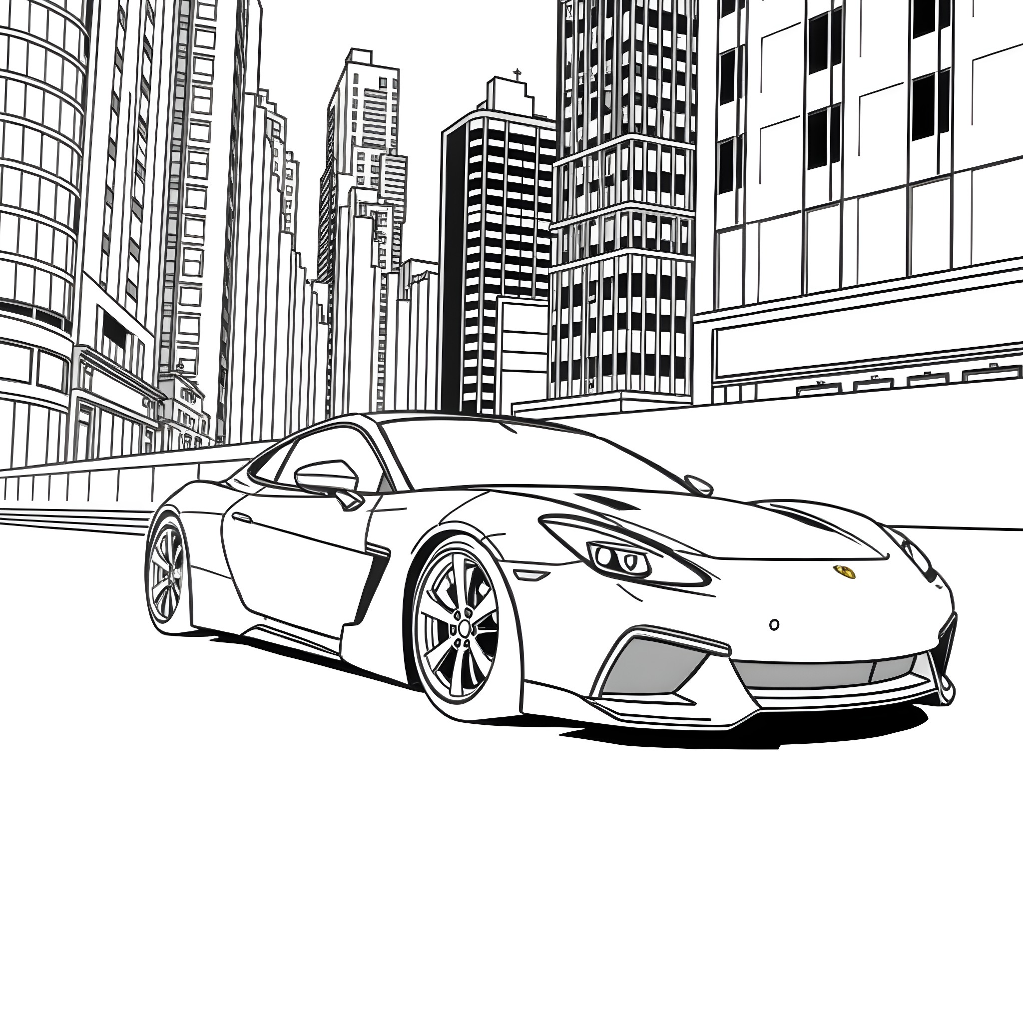 Car speeding through urban city landscape Coloring Page (free black-and-white line drawing printable PDF for all, from beginners to advanced learners, including children, teens, adults, and seniors)