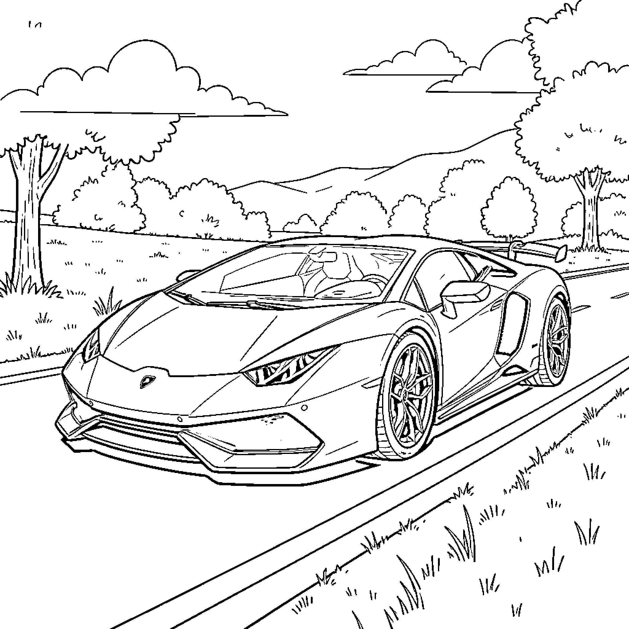 Lamborghini driving smoothly on a scenic road Coloring Page (free black-and-white line drawing printable PDF for all, from beginners to advanced learners, including children, teens, adults, and seniors)