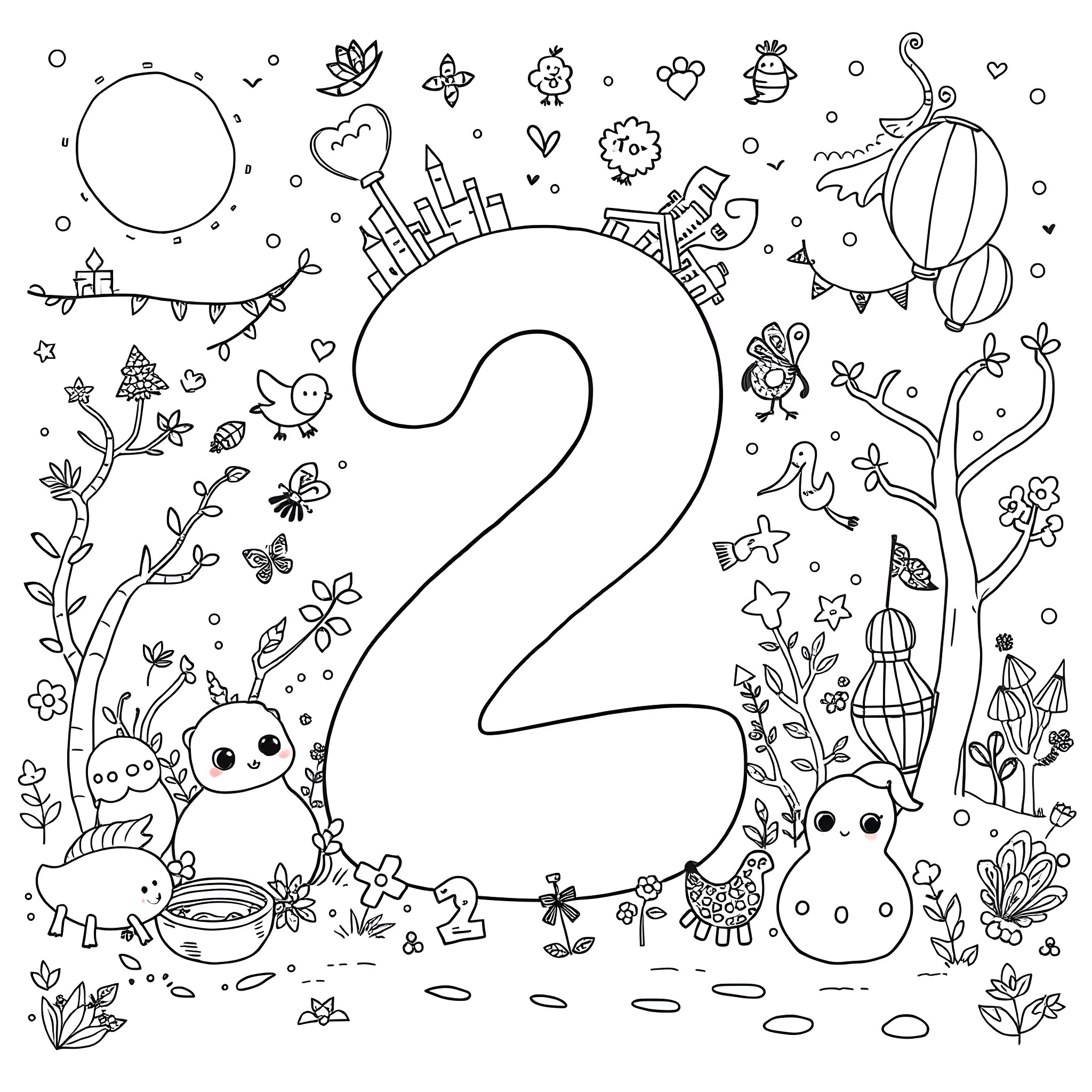 Number Playful critters and whimsical elements around the number two Coloring Page (free black-and-white line drawing printable PDF for all, from beginners to advanced learners, including children, teens, adults, and seniors)