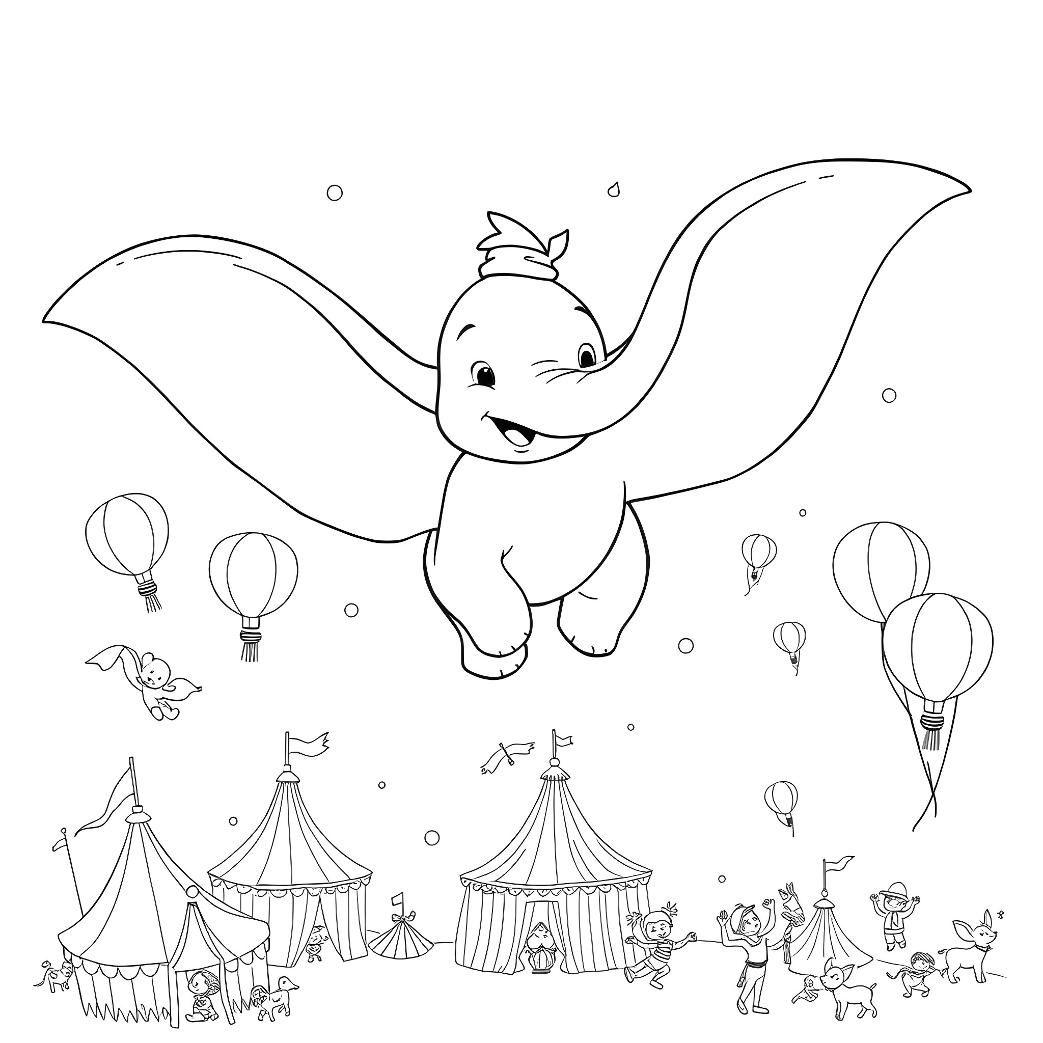 Dumbo flying happily over a circus scene Coloring Page (free black-and-white line drawing printable PDF for all, from beginners to advanced learners, including children, teens, adults, and seniors)